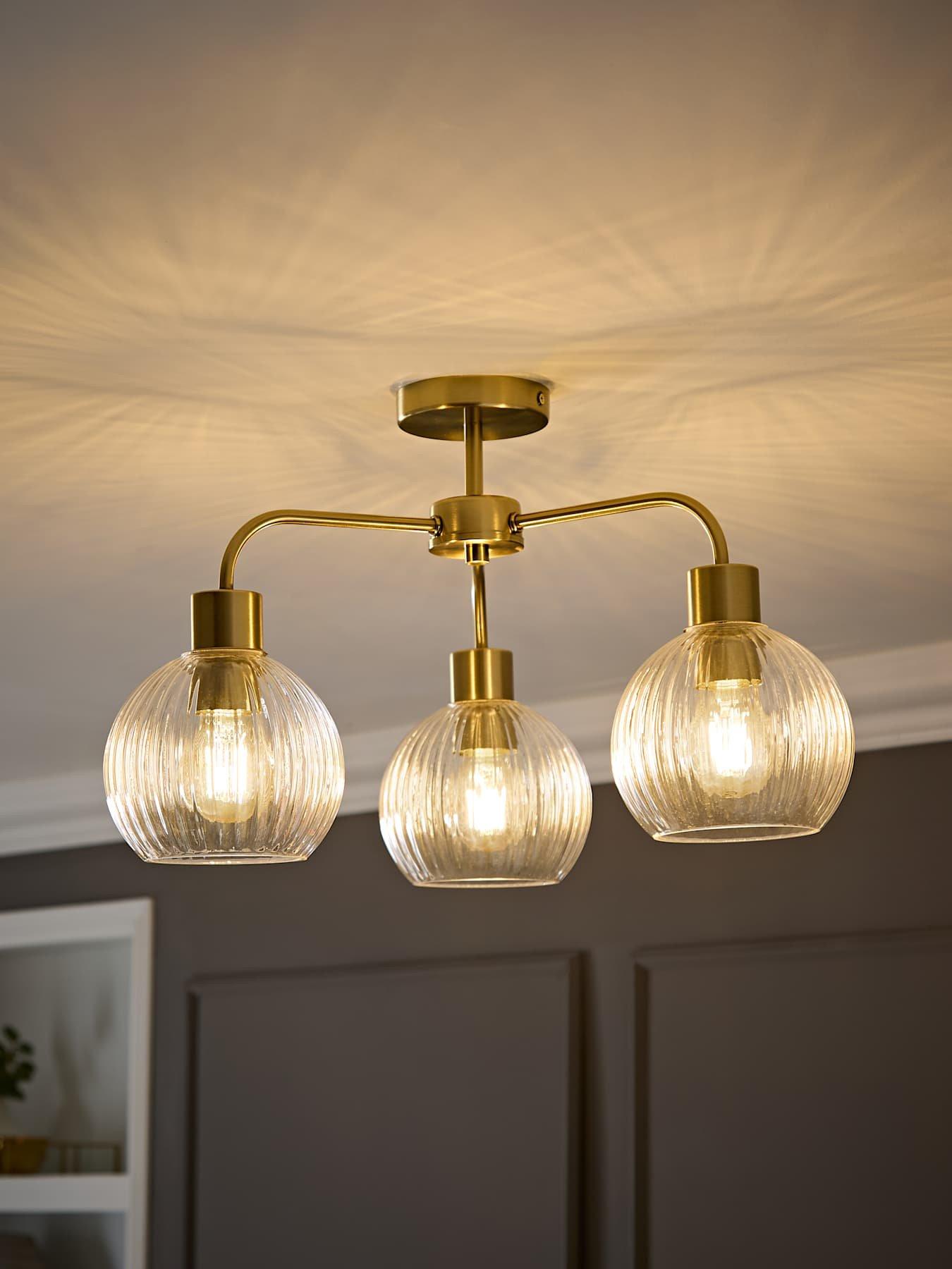 ValueLights Maddison Clear Ribbed Glass Globe Shades Brushed Gold 3 Arm Ceiling Light