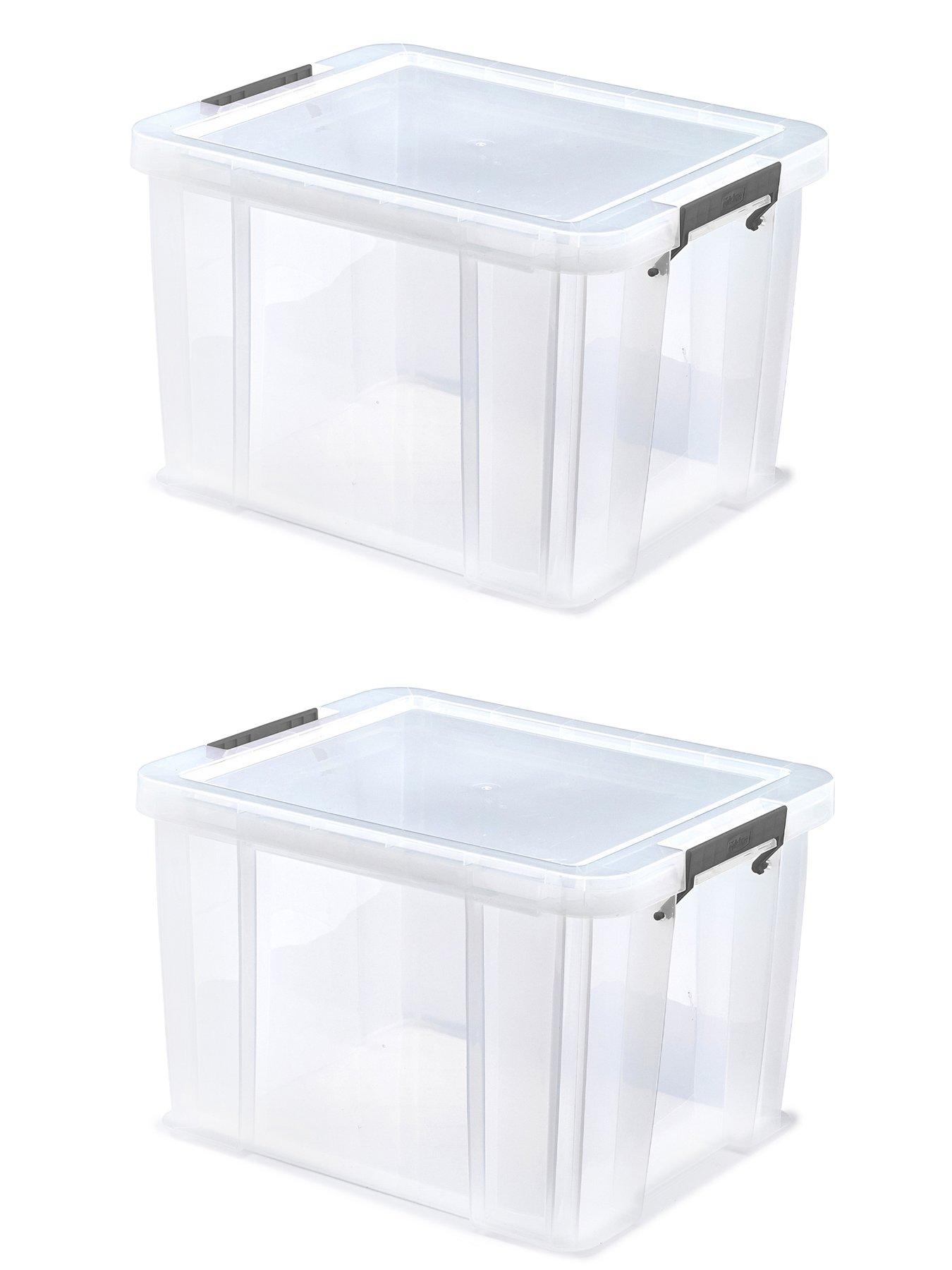 Whitefurze Allstore Set Of 2 Plastic Storage Boxes 36l With Clip Lock Lids & Silver Clamps