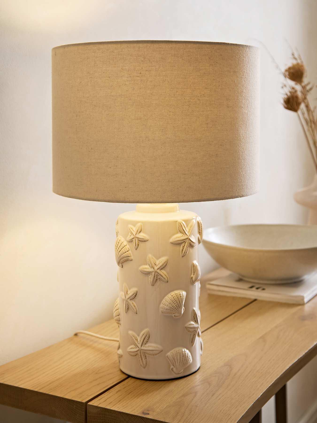 ValueLights Selene Linen Shade Ceramic Embossed Seashell Table Lamp