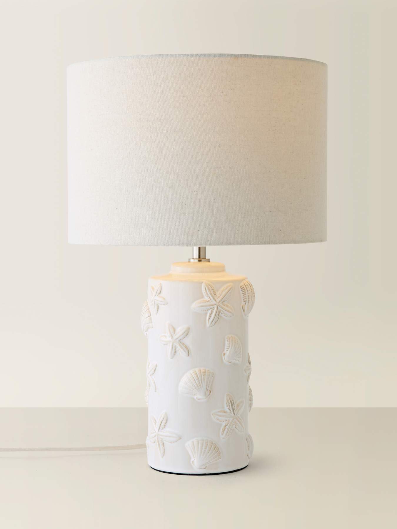Image 6 of 6 of ValueLights Selene Linen Shade Ceramic Embossed Seashell Table Lamp