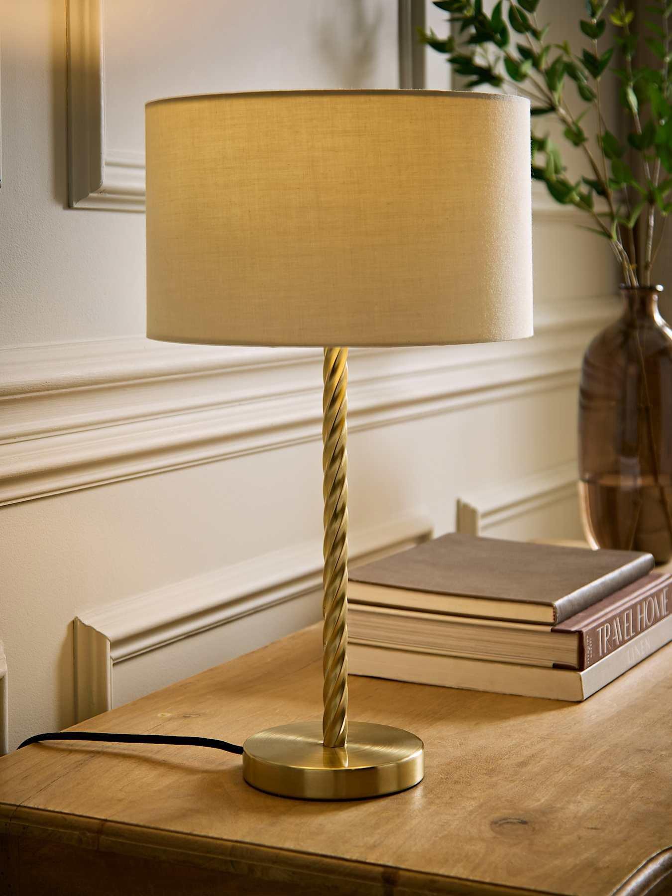 ValueLights Maura Natural Drum Lamp Shade Brushed Gold Twist Table Lamp