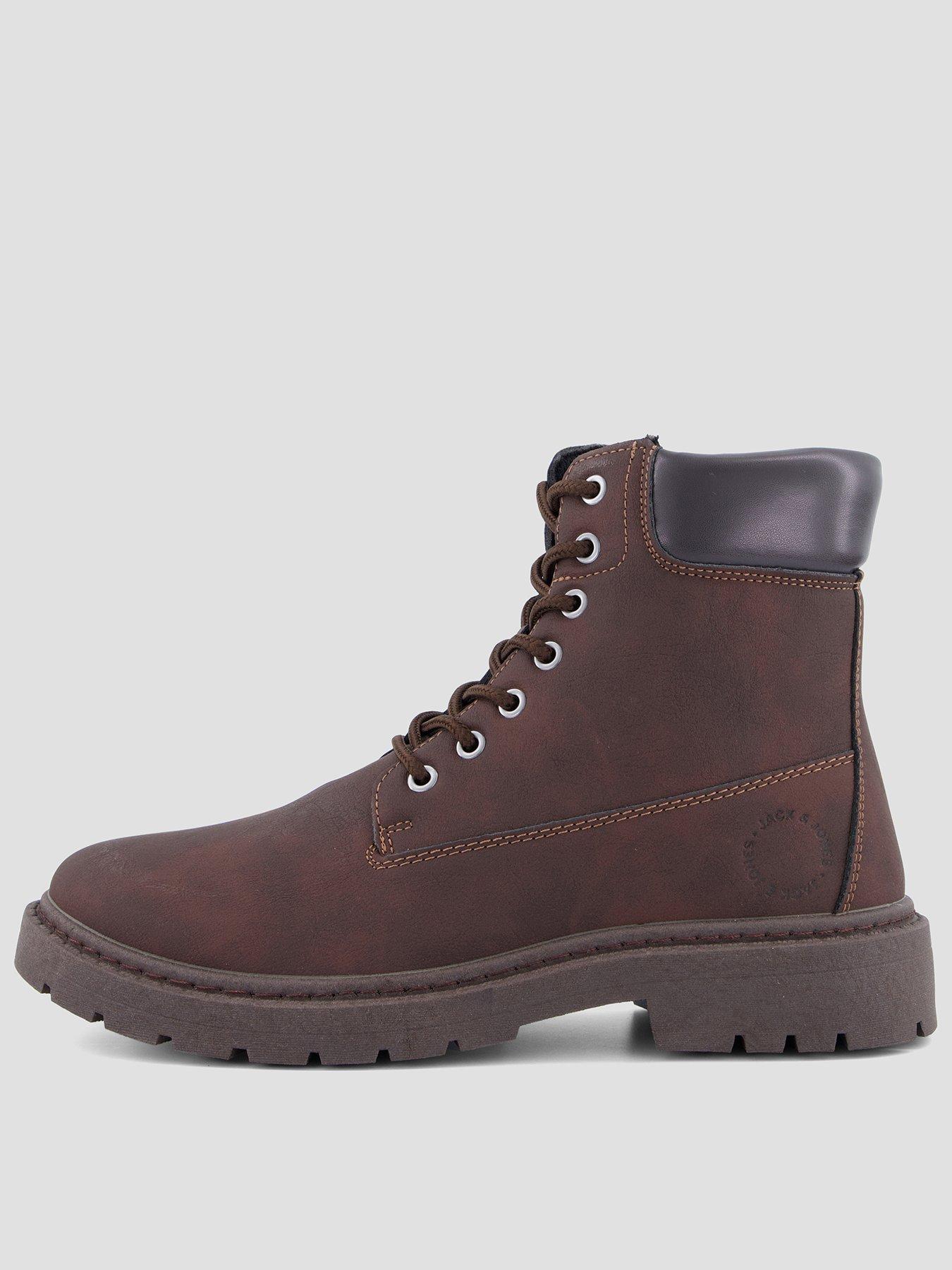 Jack & Jones Mens Faux Leather Lace-Up Chunky Tread Boots - Brown Stone