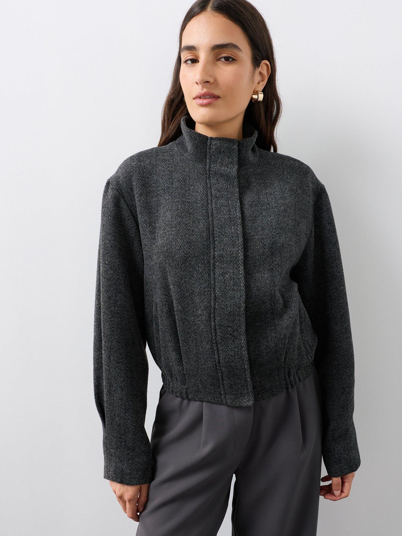 The Very Collection Herringbone Funnel Neck Bomber Jacket - Grey
