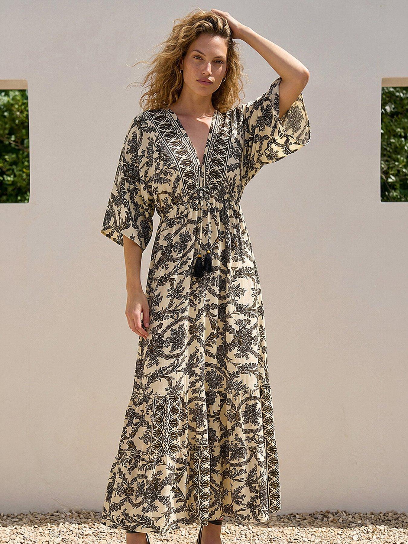 Roman Floral Border Boho Maxi Dress