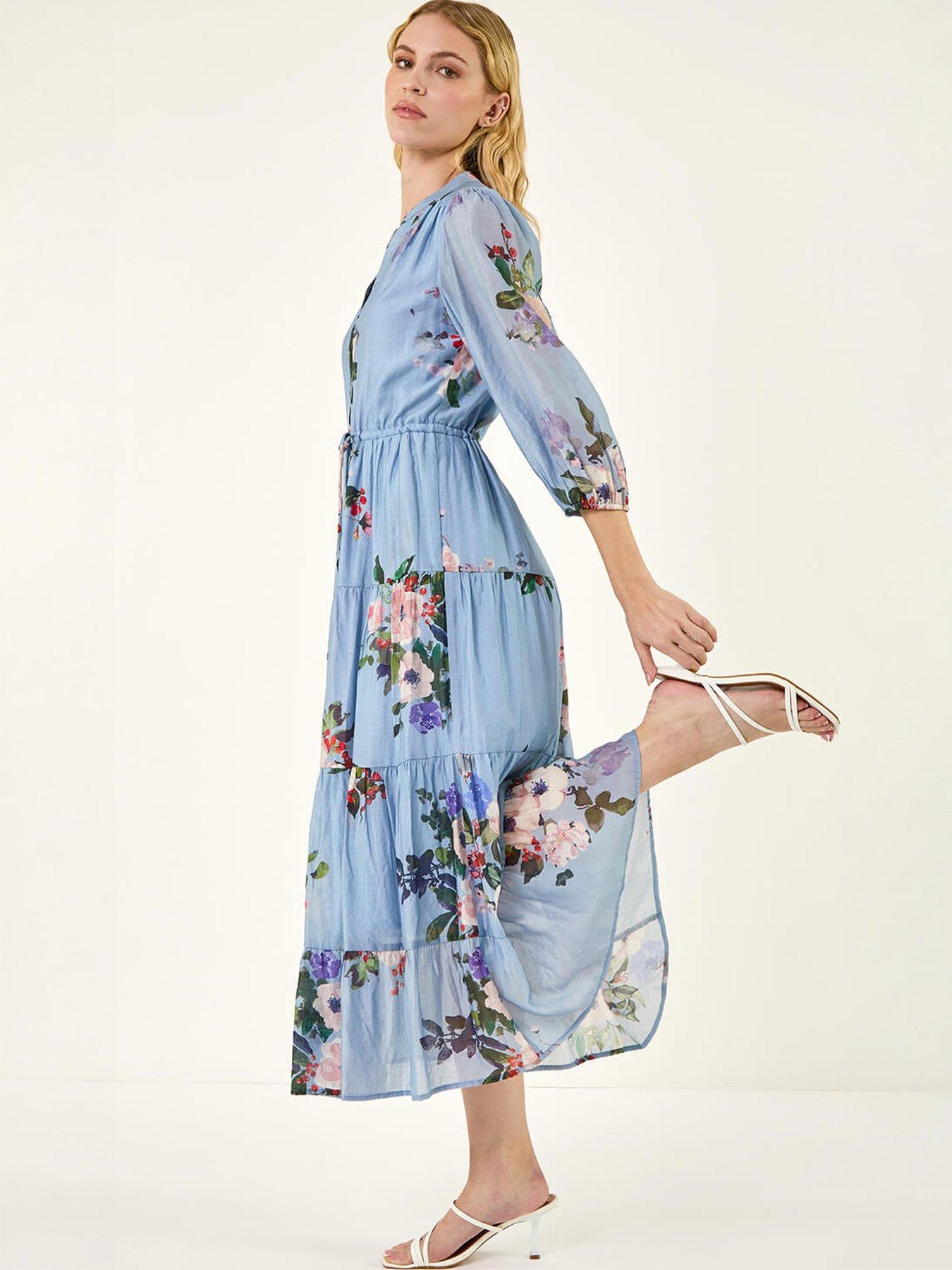 Roman Floral Print Button Tiered Midi Dress