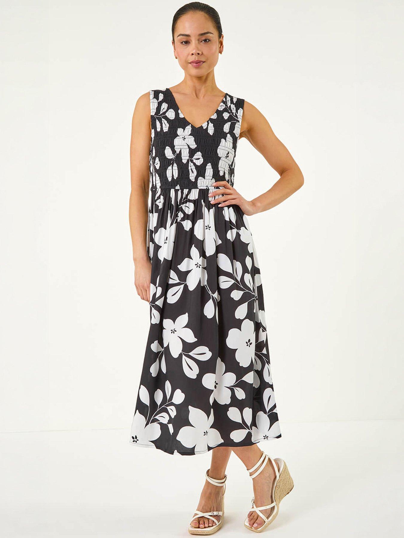 Roman Petite Floral Print Shirred Midi Dress