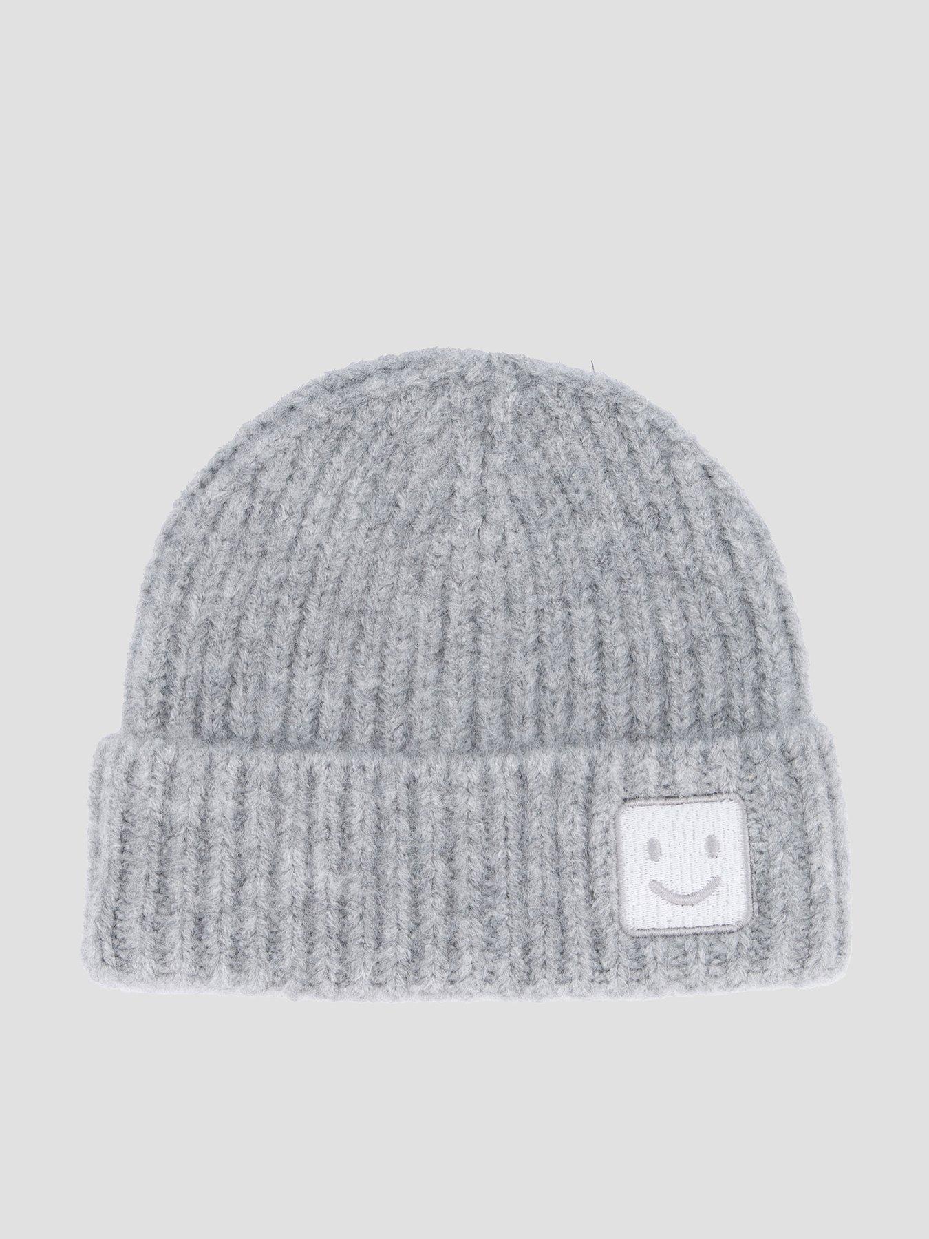 Image 1 of 5 of The Very Collection Unisex Ribbed Turn-Up Smiley Badge Beanie Hat - Grey