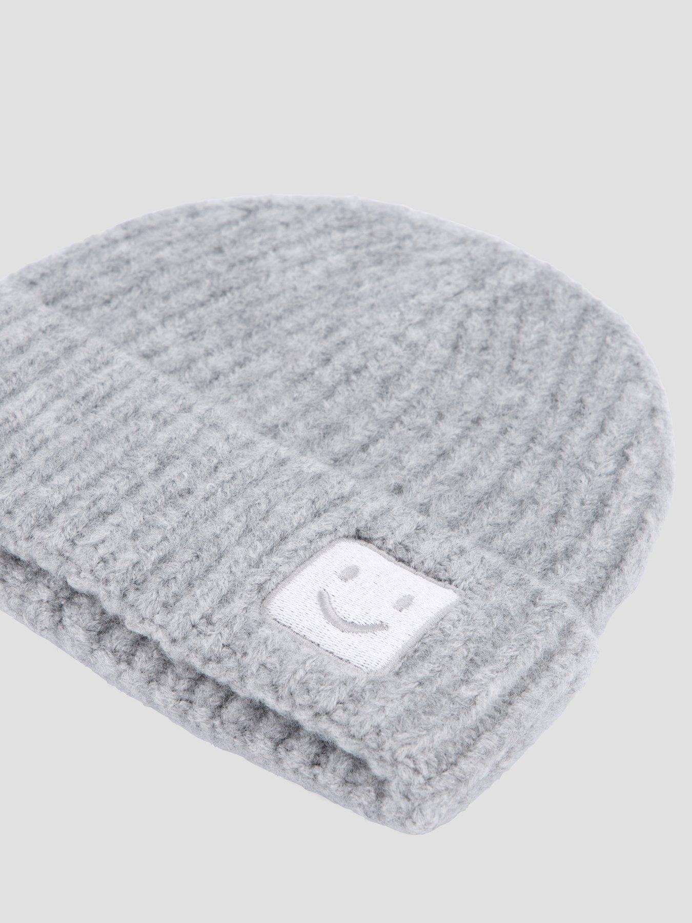 Image 3 of 5 of The Very Collection Unisex Ribbed Turn-Up Smiley Badge Beanie Hat - Grey