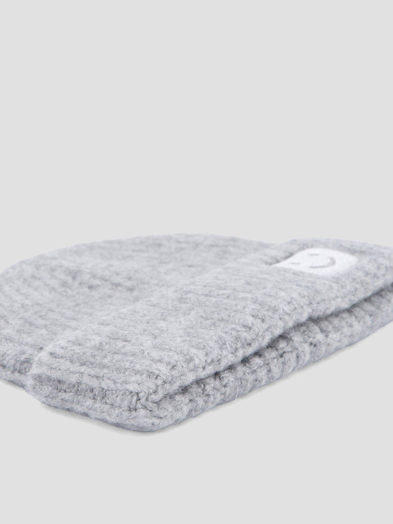 Image 4 of 5 of The Very Collection Unisex Ribbed Turn-Up Smiley Badge Beanie Hat - Grey