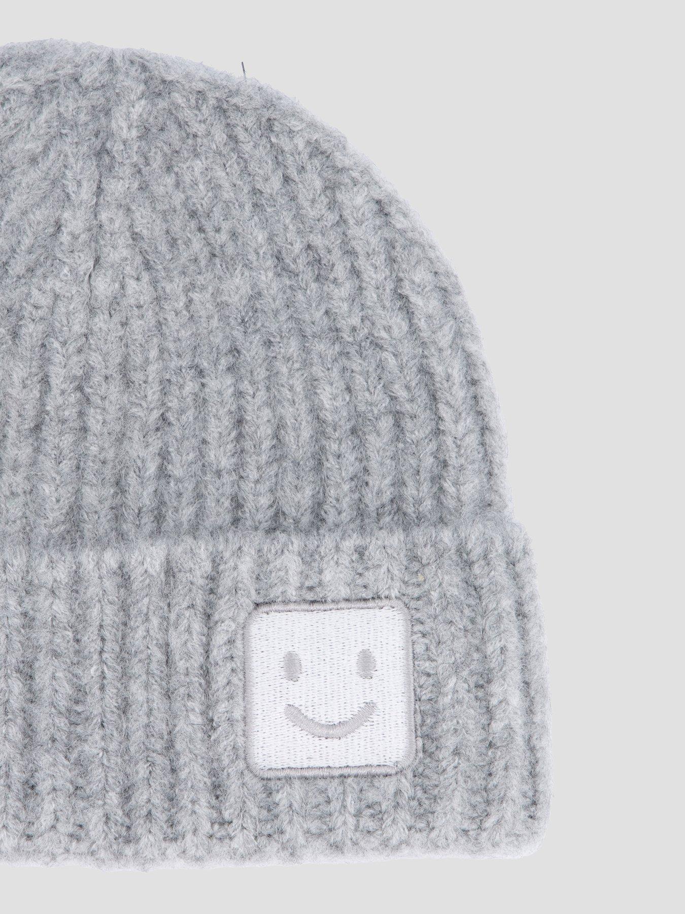 Image 5 of 5 of The Very Collection Unisex Ribbed Turn-Up Smiley Badge Beanie Hat - Grey