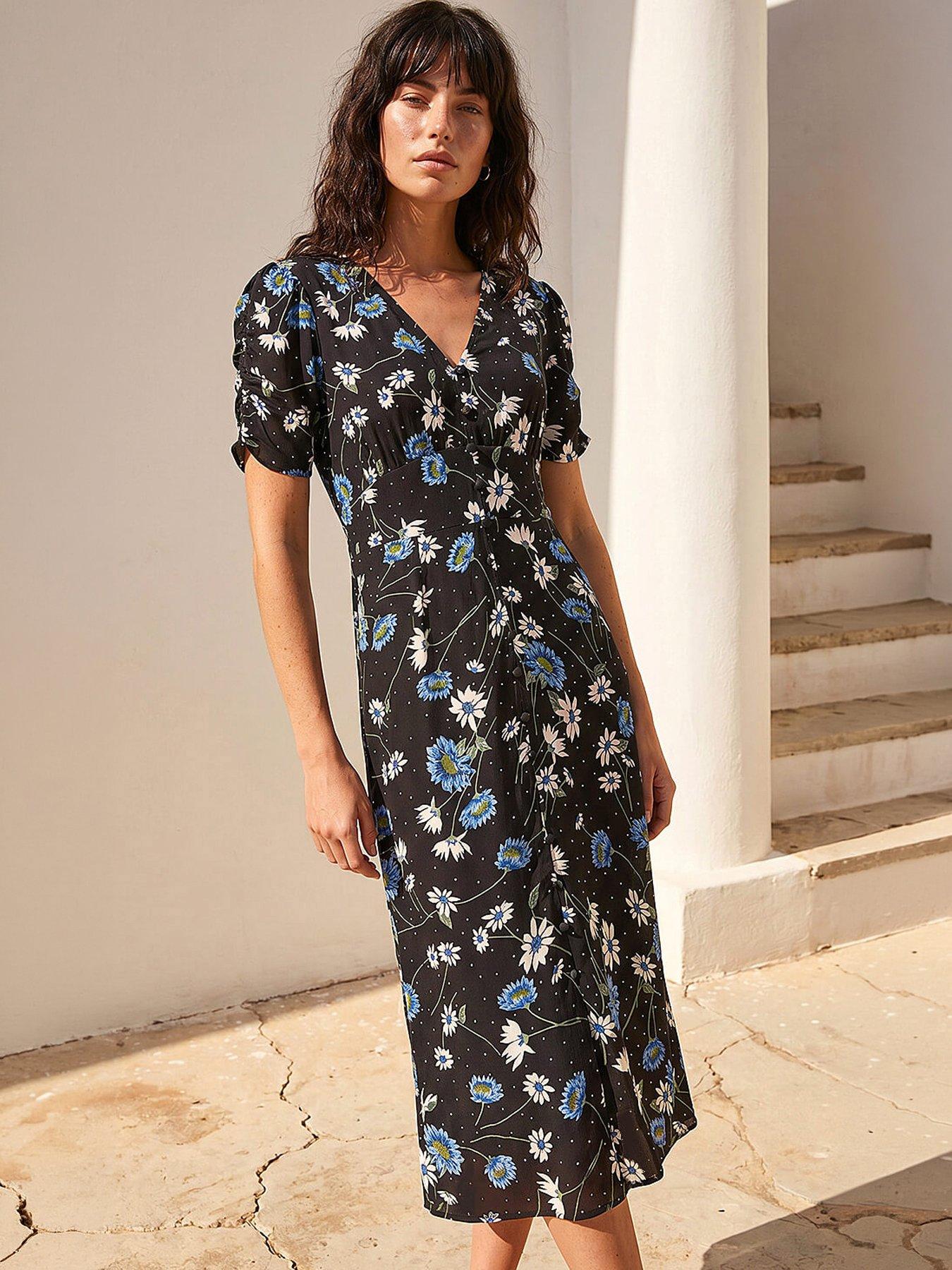 Roman Floral Ruched Sleeve Dress