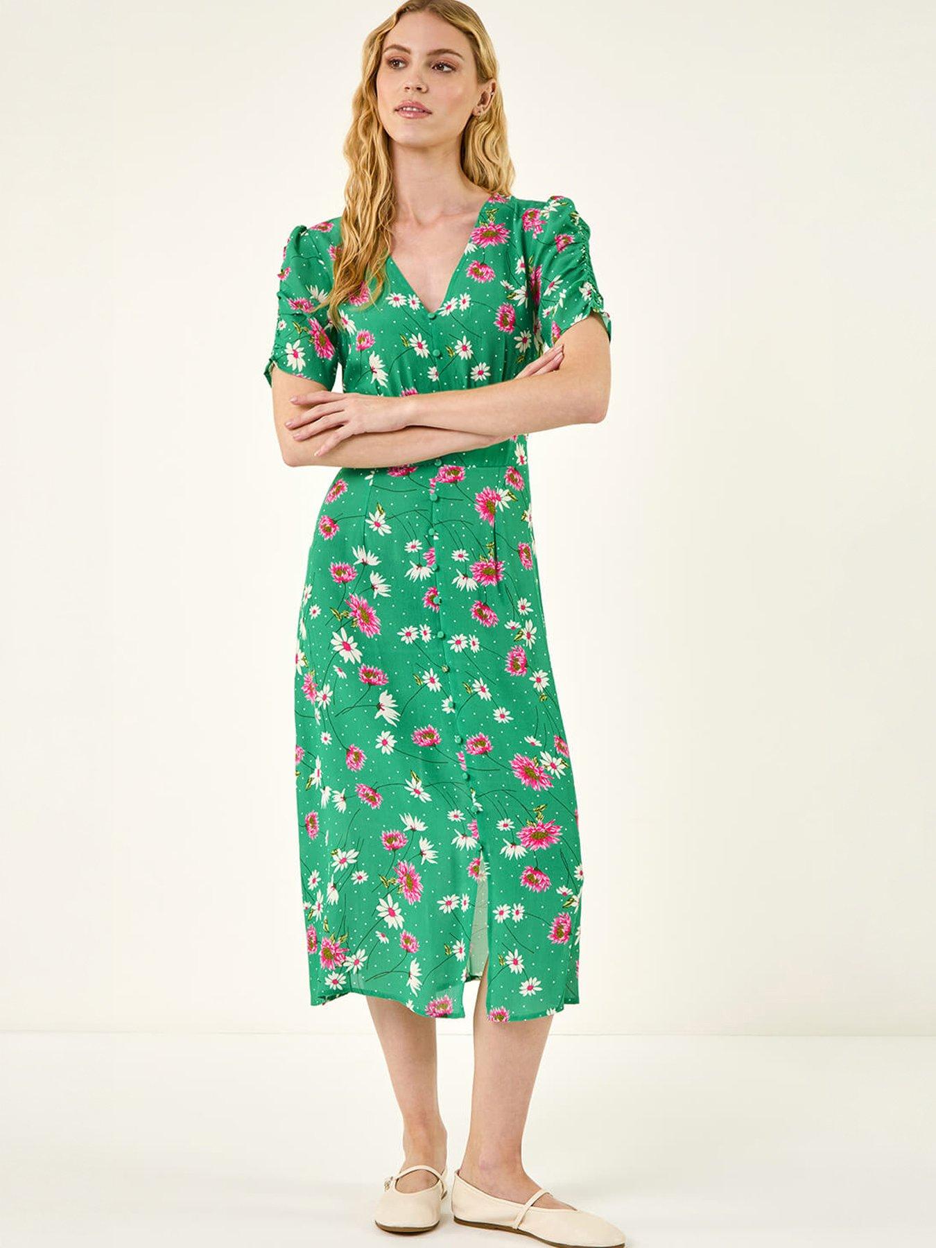 Roman Floral Ruched Sleeve Dress