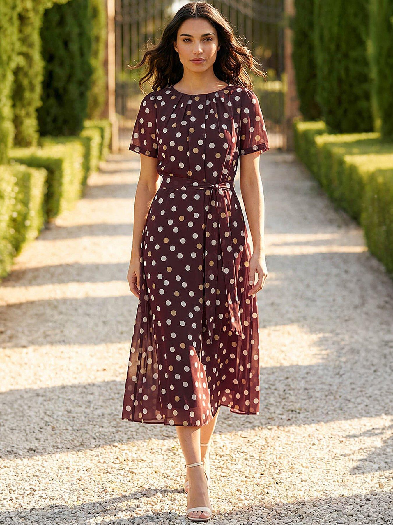 Roman Polka Dot Pleat Neck Midi Dress