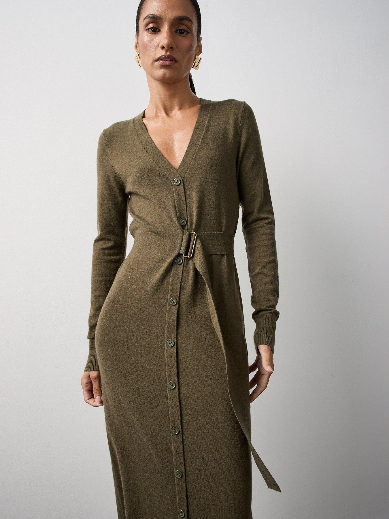 Image 1 of 7 of Michelle Keegan Long Sleeve Belt Detail Midaxi Dress - Olive