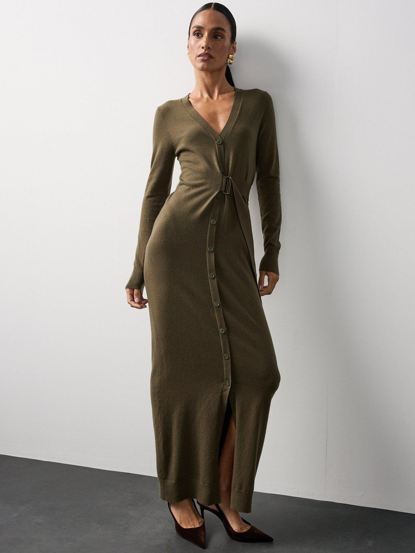 Image 3 of 7 of Michelle Keegan Long Sleeve Belt Detail Midaxi Dress - Olive