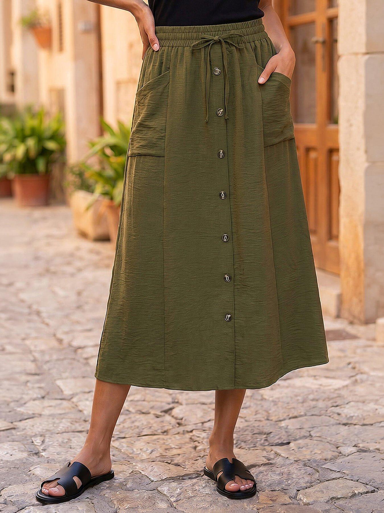 Roman Button Front Tie Midi Skirt