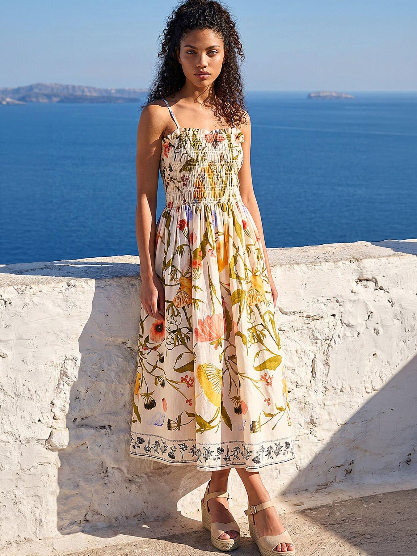 Roman Petite Floral Print Shirred Midi Dress