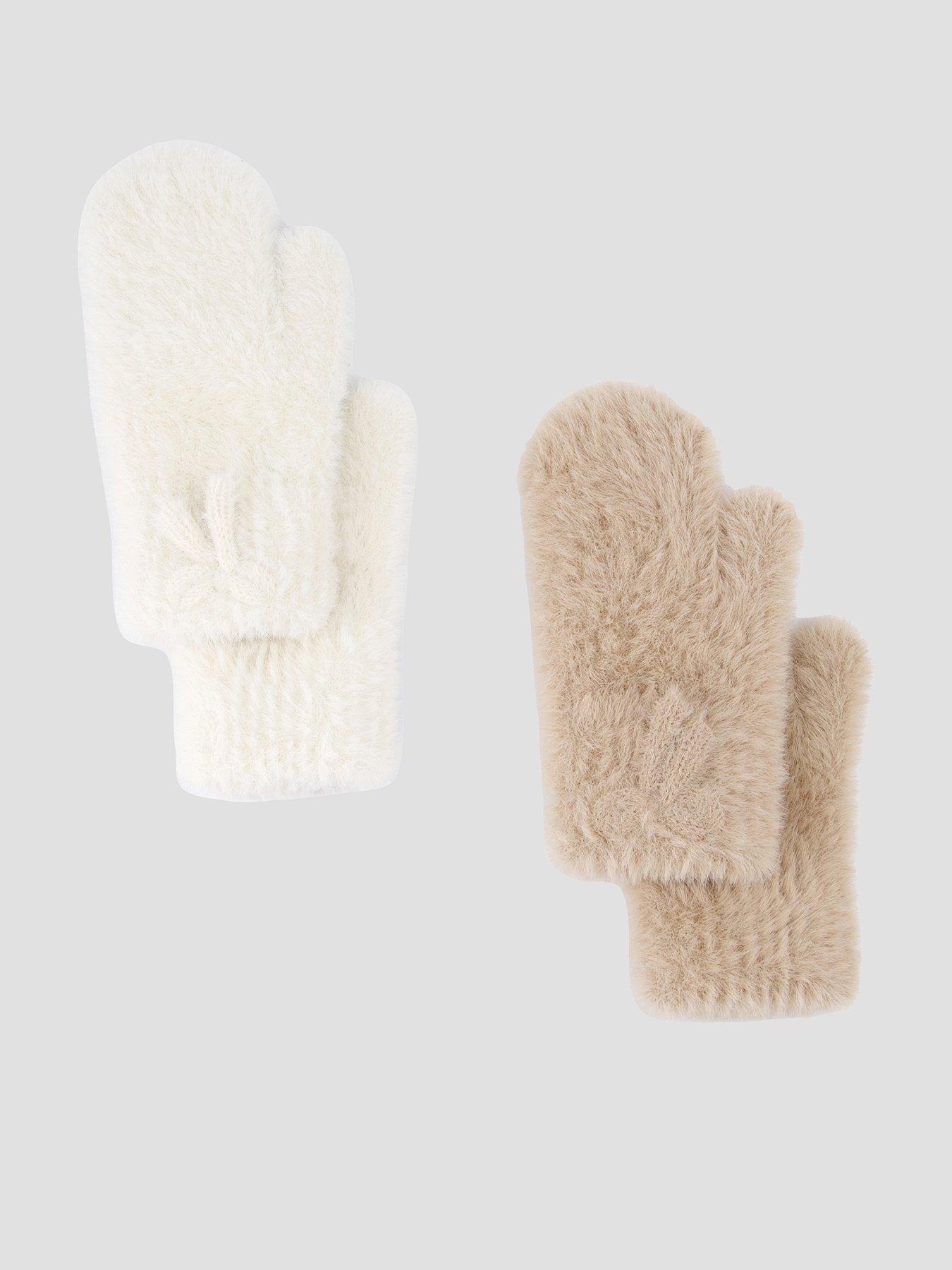 Image 1 of 4 of The Very Collection Girls 2 Pack Fluffy Bow Mittens - Beige
