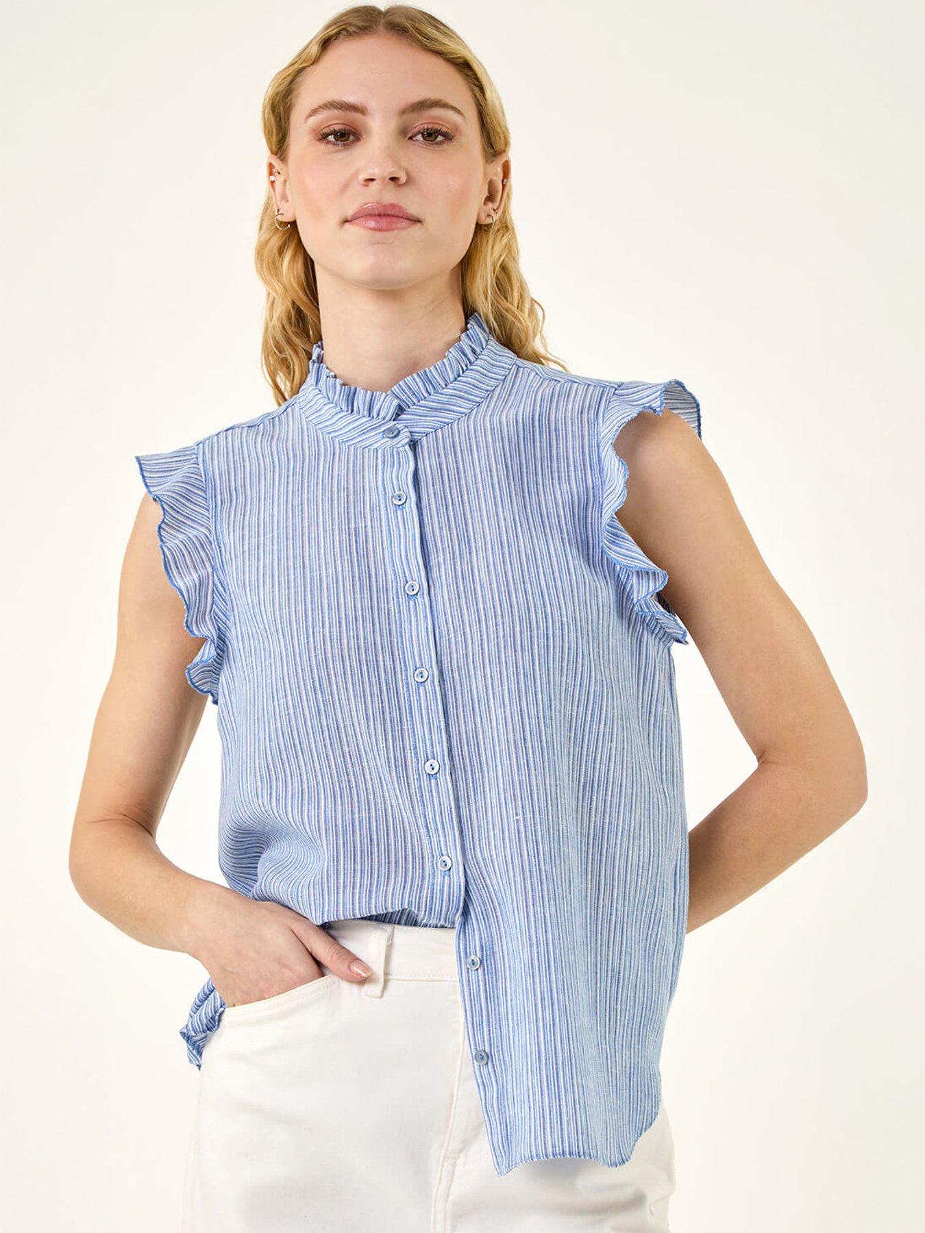 Roman Stripe Print Frill Sleeve Blouse