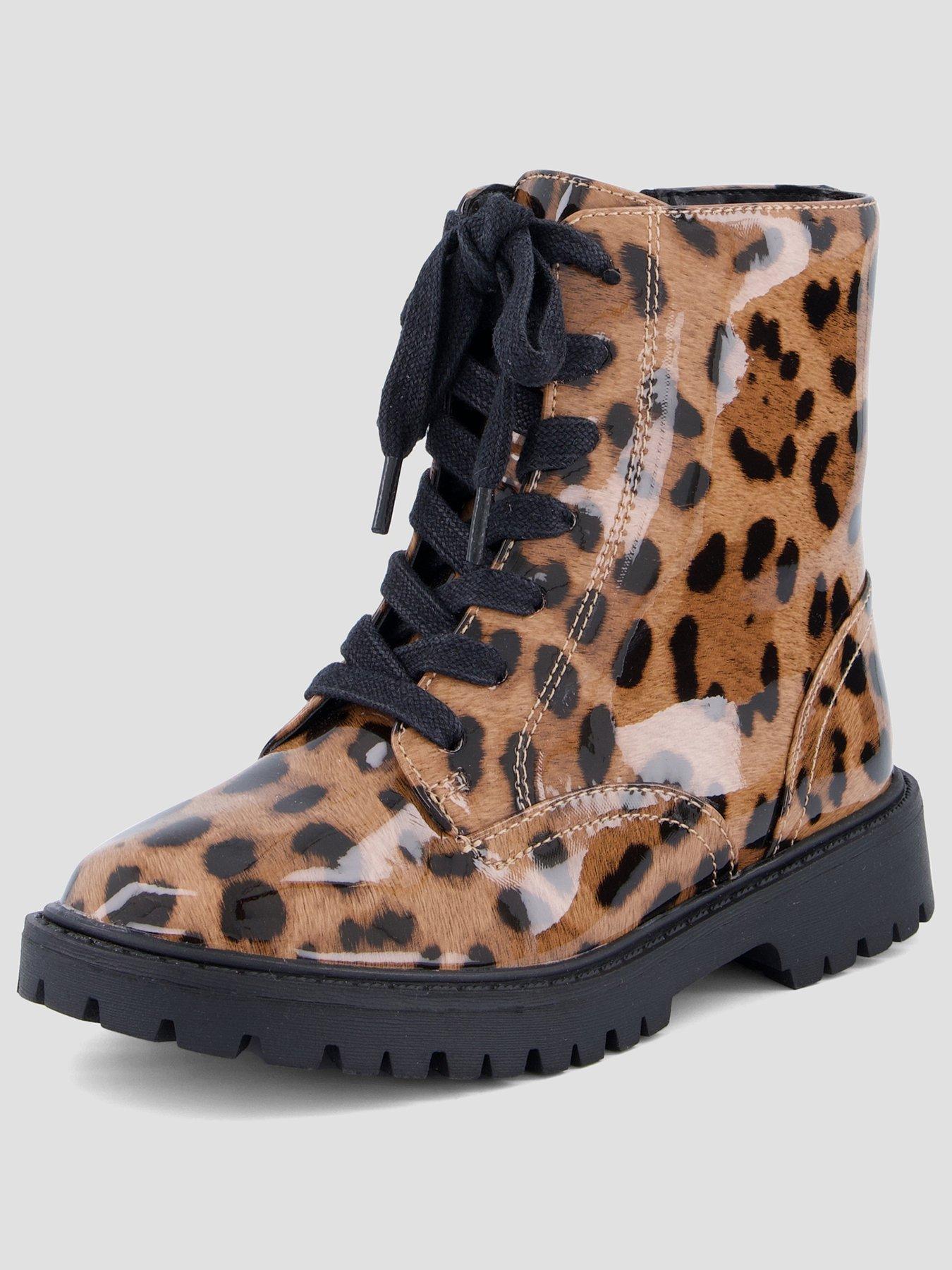 Image 2 of 7 of The Very Collection Girls Patent Leopard Lace Up Zip Chunky Boots - Leopard