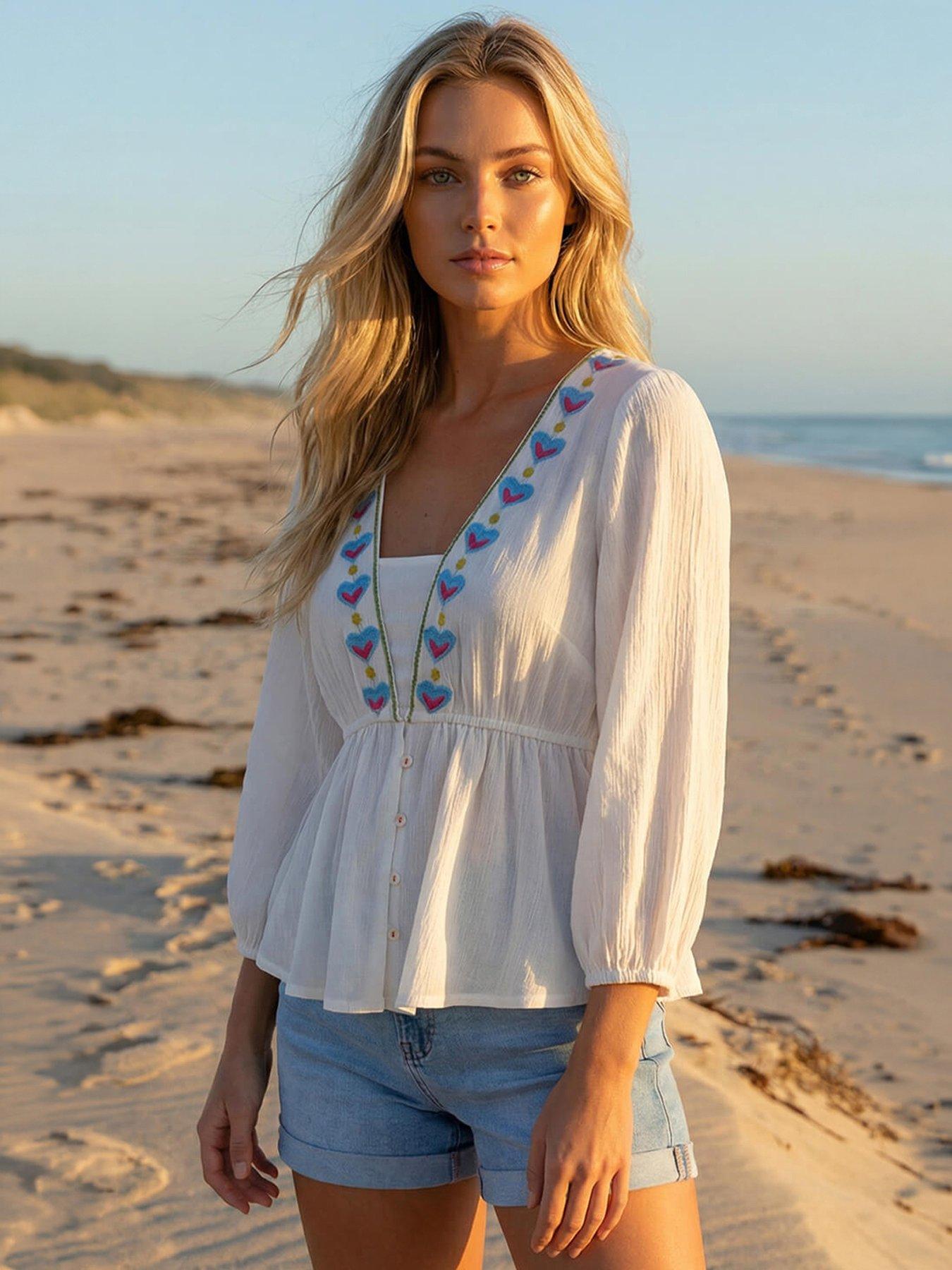 Image 1 of 5 of Roman Dusk Embroidered V-neck Blouse