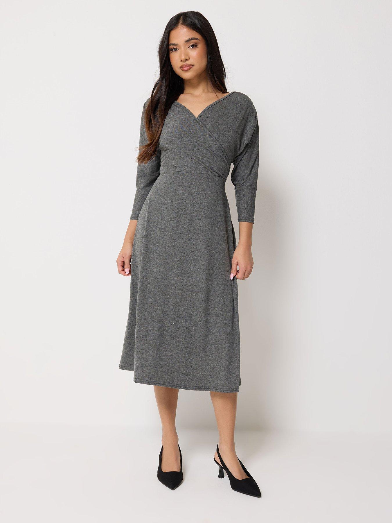 PixieGirl Petite 3/4 Wrap Midi Dress - Grey
