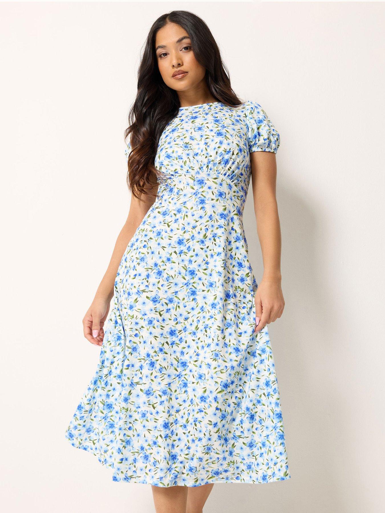 PixieGirl Petite Floral Empire Midi Dress - Blue