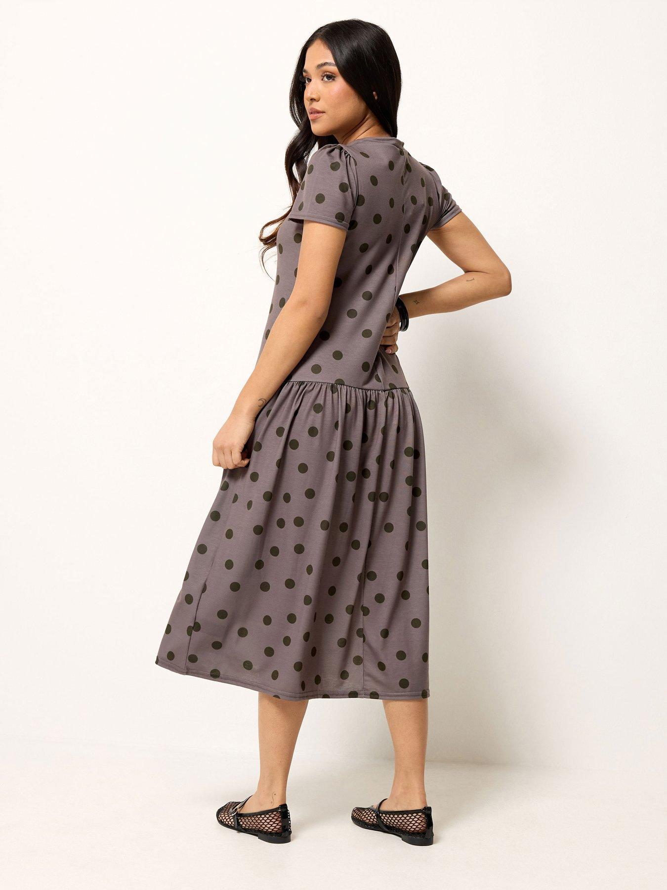 Image 2 of 4 of PixieGirl Petite Spot Print Drop Waist Midaxi Dress - Brown