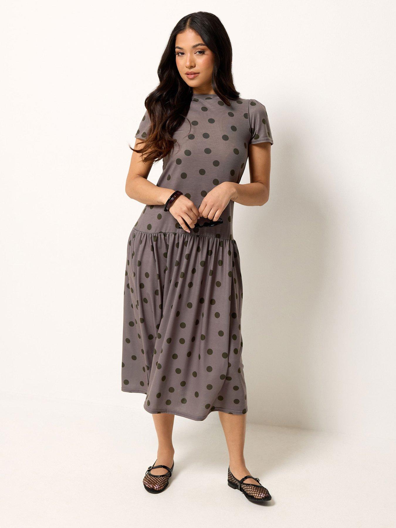 Image 3 of 4 of PixieGirl Petite Spot Print Drop Waist Midaxi Dress - Brown