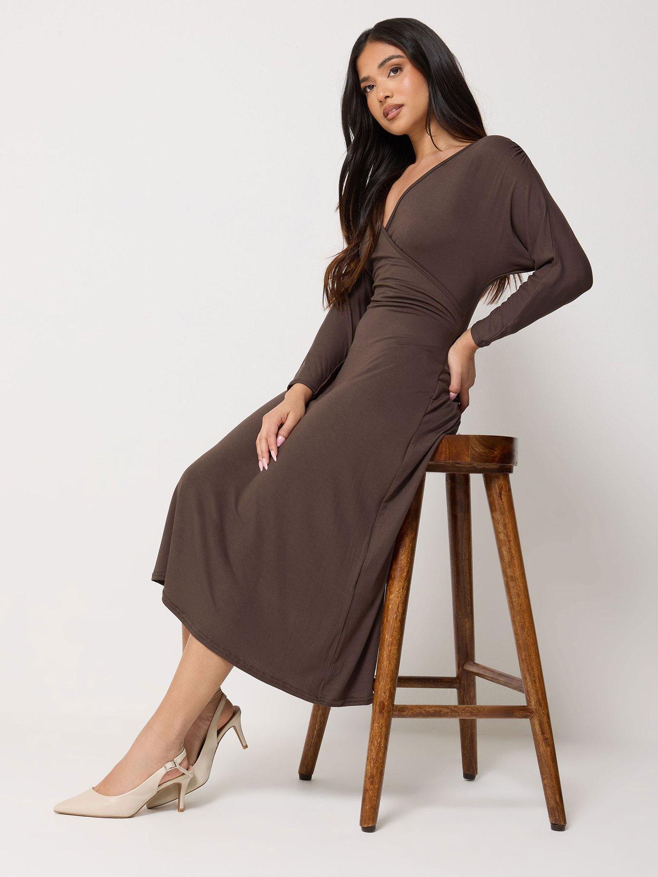 PixieGirl Petite 3/4 Wrap Midi Dress - Brown