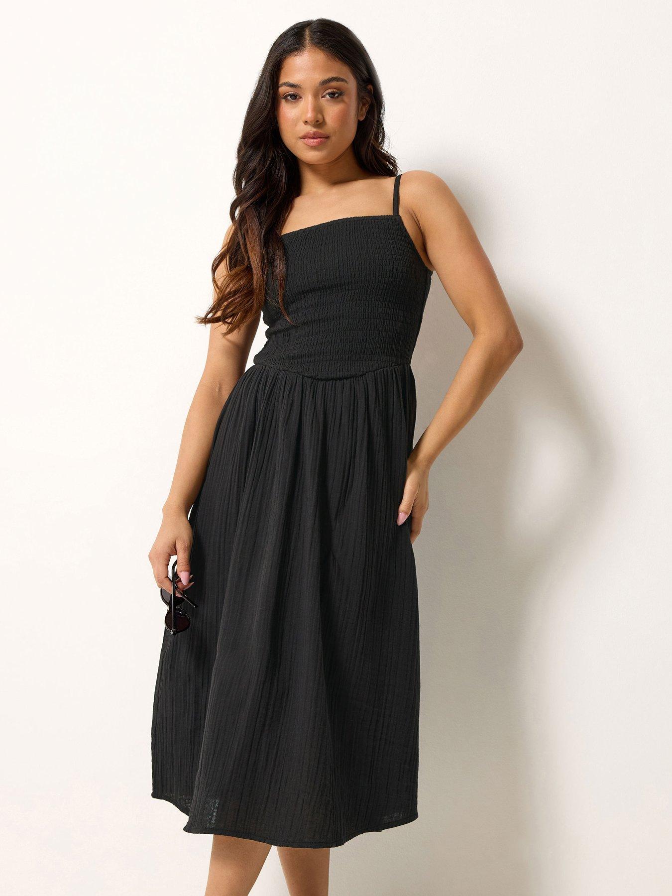 PixieGirl Petite Shirred Cheesecloth Midi Dress - Black