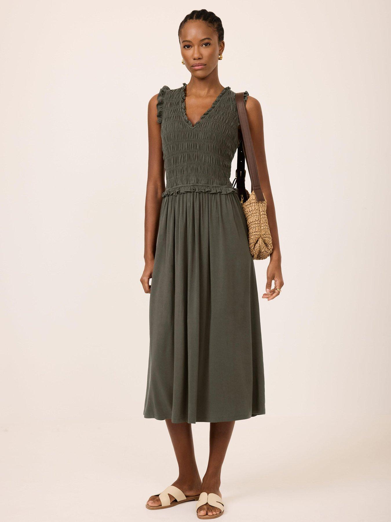 Mint Velvet Khaki Ruffle Jersey Midi Dress - Green