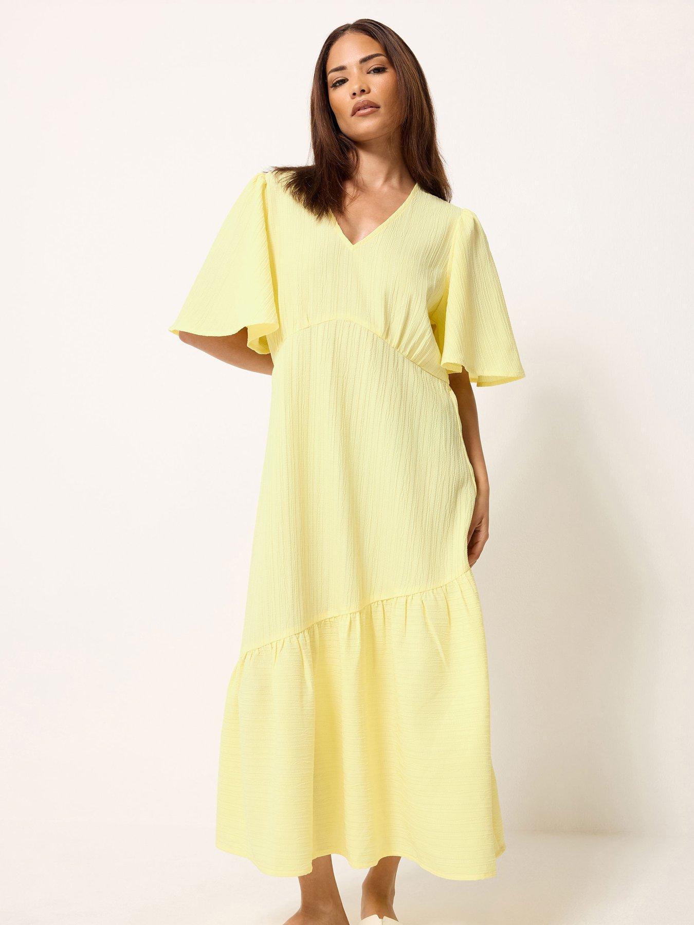 PixieGirl Petite Textured Asymmetric Midi Dress - Yellow