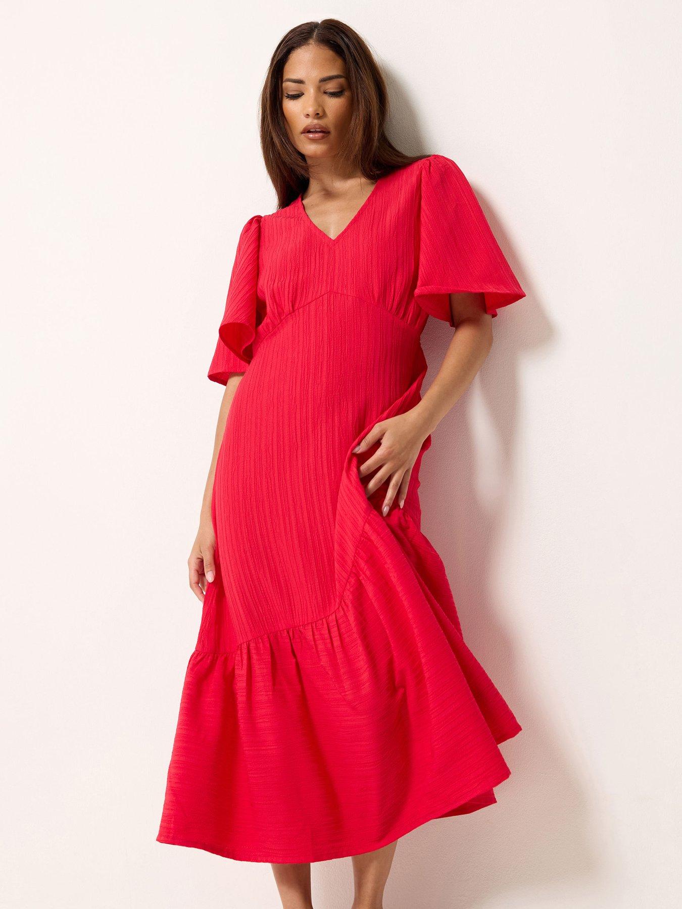 PixieGirl Petite Textured Asymmetric Midi Dress - Red