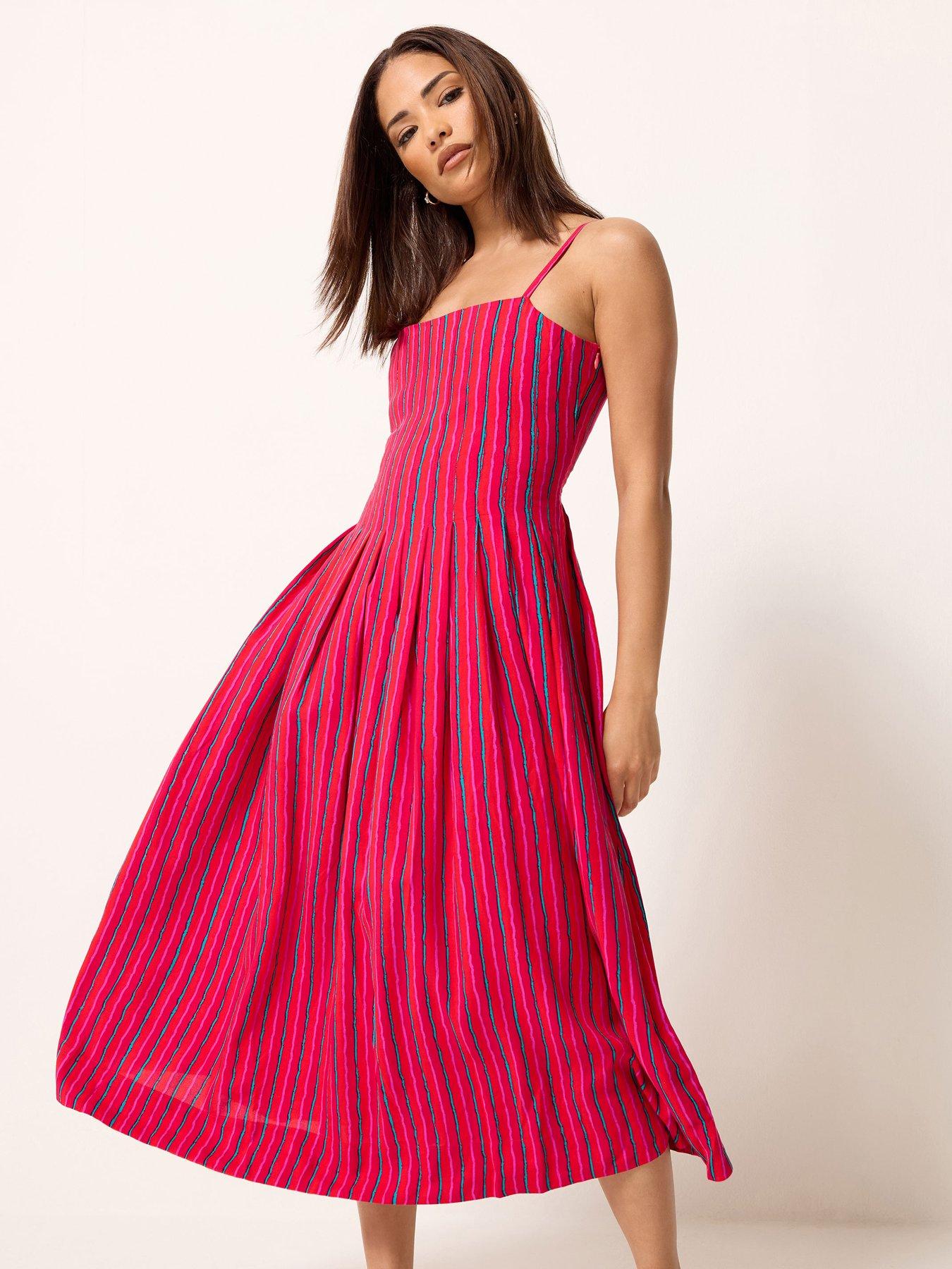 PixieGirl Petite Stripe Pleated Midi Dress - Pink