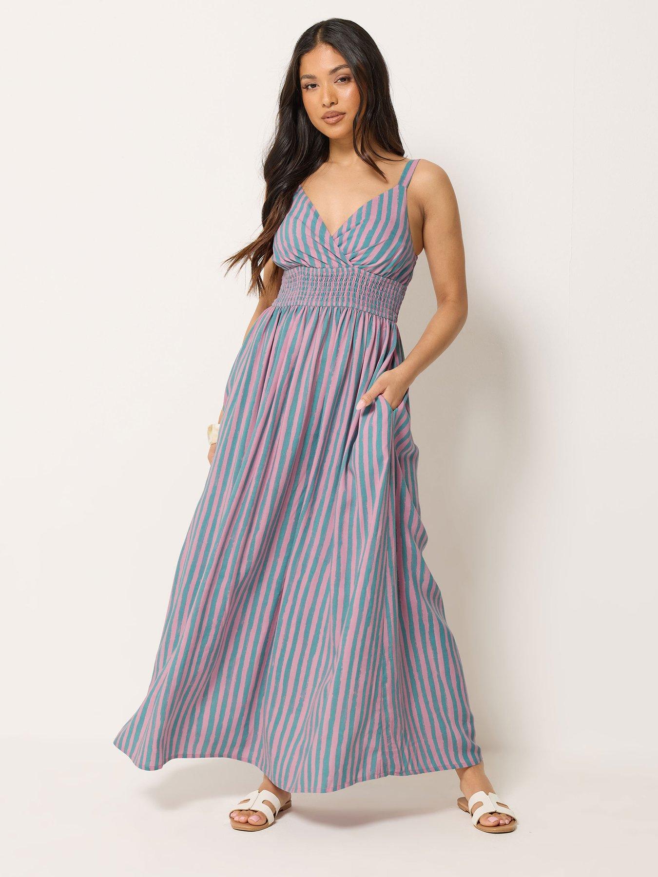 Image 1 of 4 of PixieGirl Petite Stripe Wrap Maxi Dress - Pink Stripe