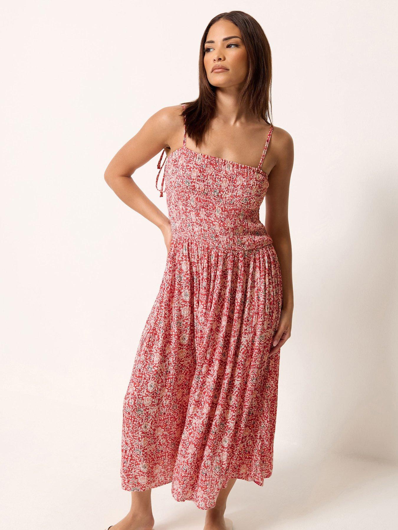 Image 1 of 4 of PixieGirl Petite Floral Strappy Midi Dress - Red