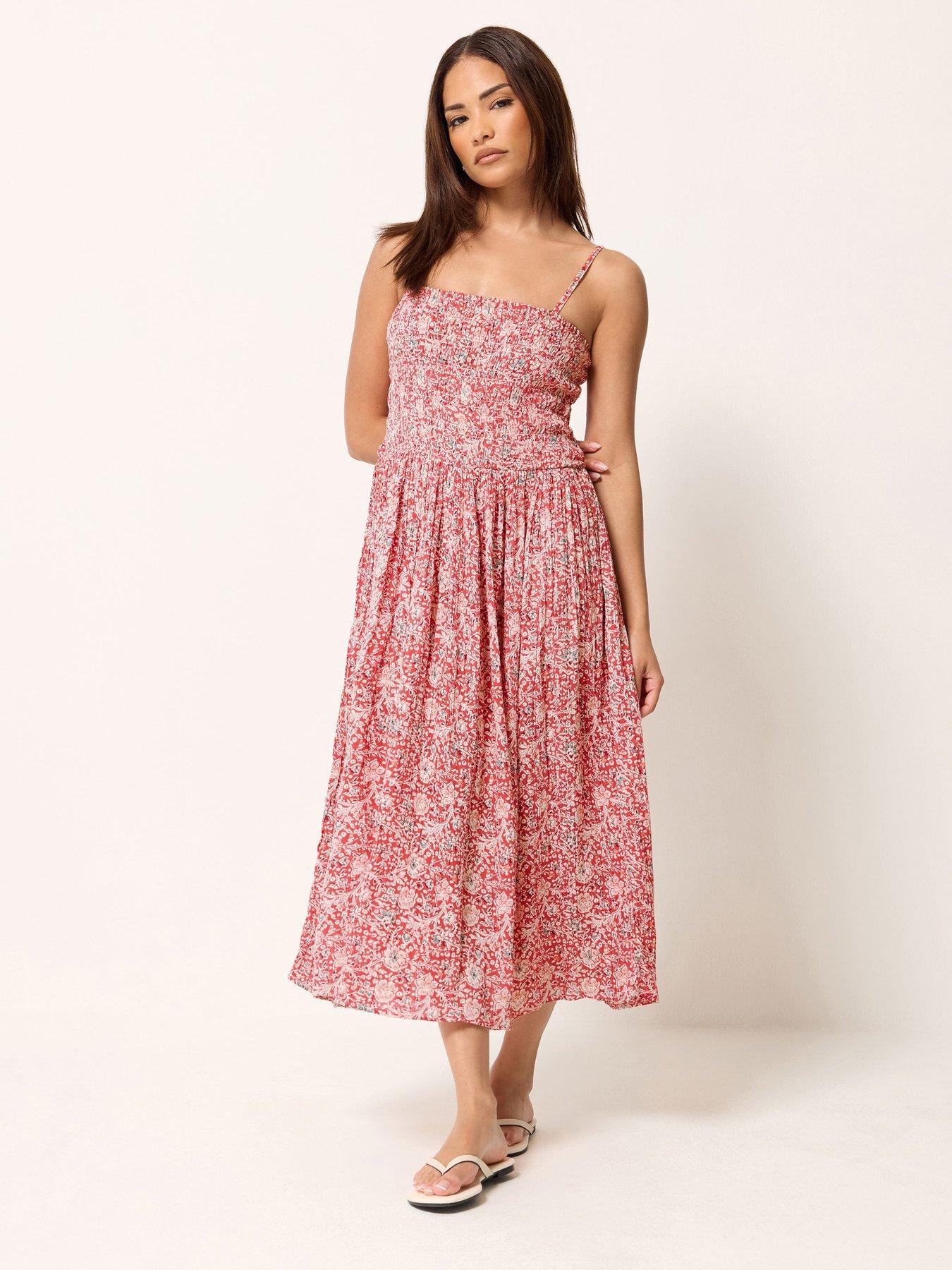 Image 3 of 4 of PixieGirl Petite Floral Strappy Midi Dress - Red