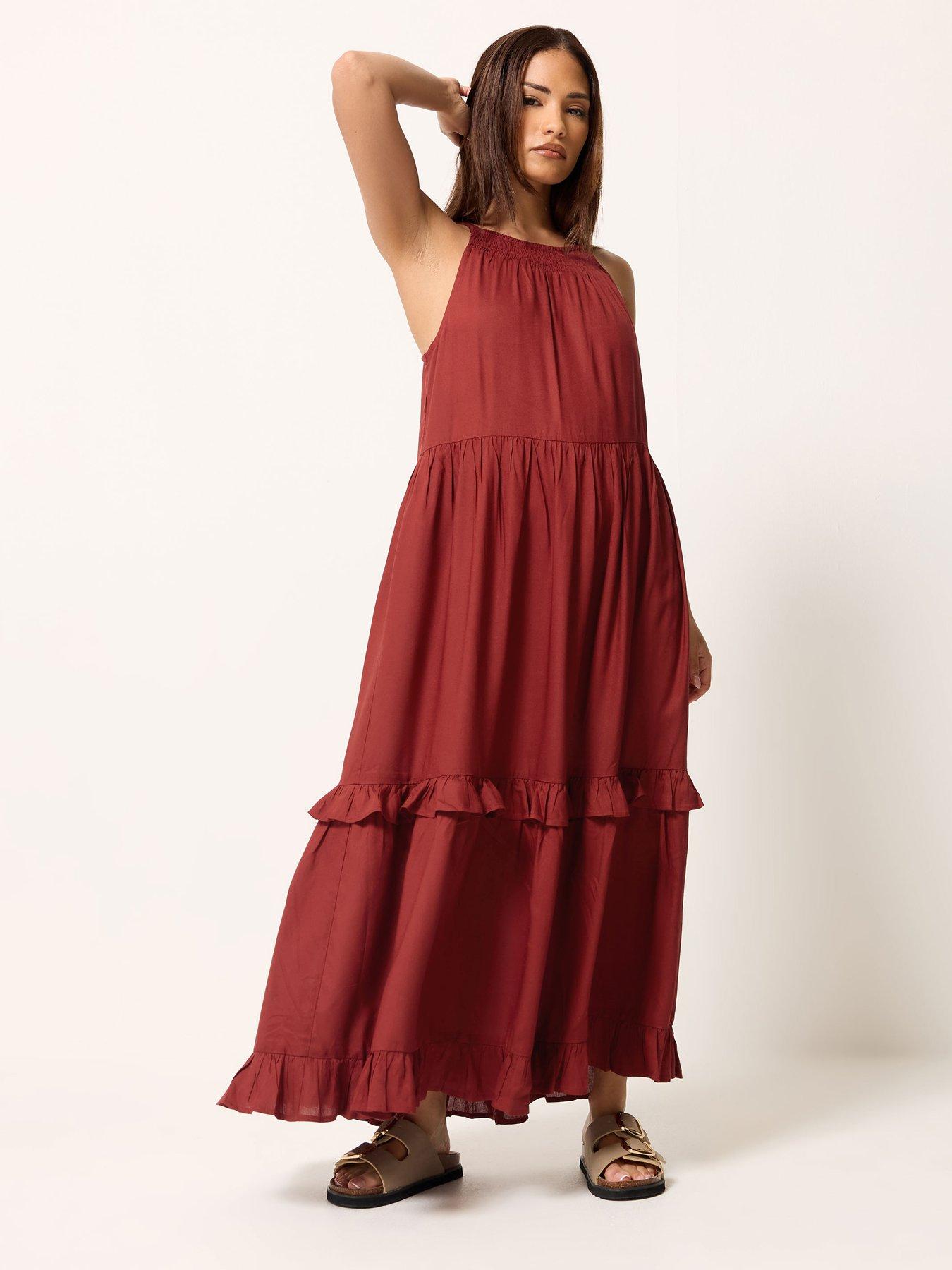 PixieGirl Petite Tie Neck Halter Maxi Dress - Red