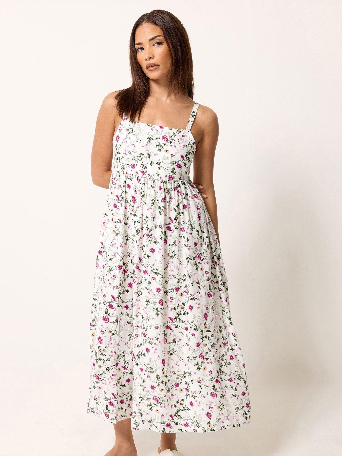 Image 1 of 4 of PixieGirl Petite Ditsy Print Midi Dress - Pink