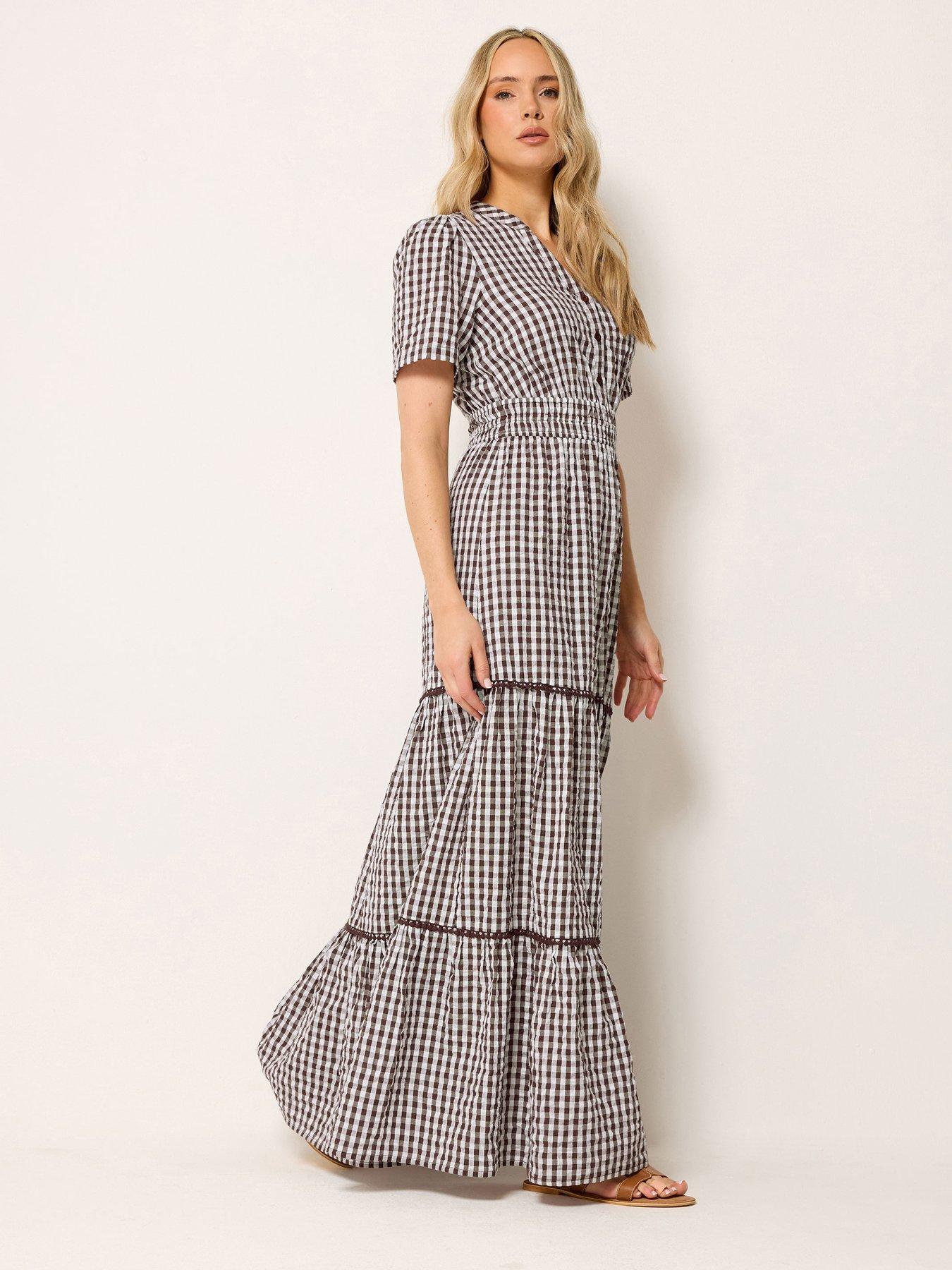 Long Tall Sally Gingham Button Tie Maxi Dress - Brown