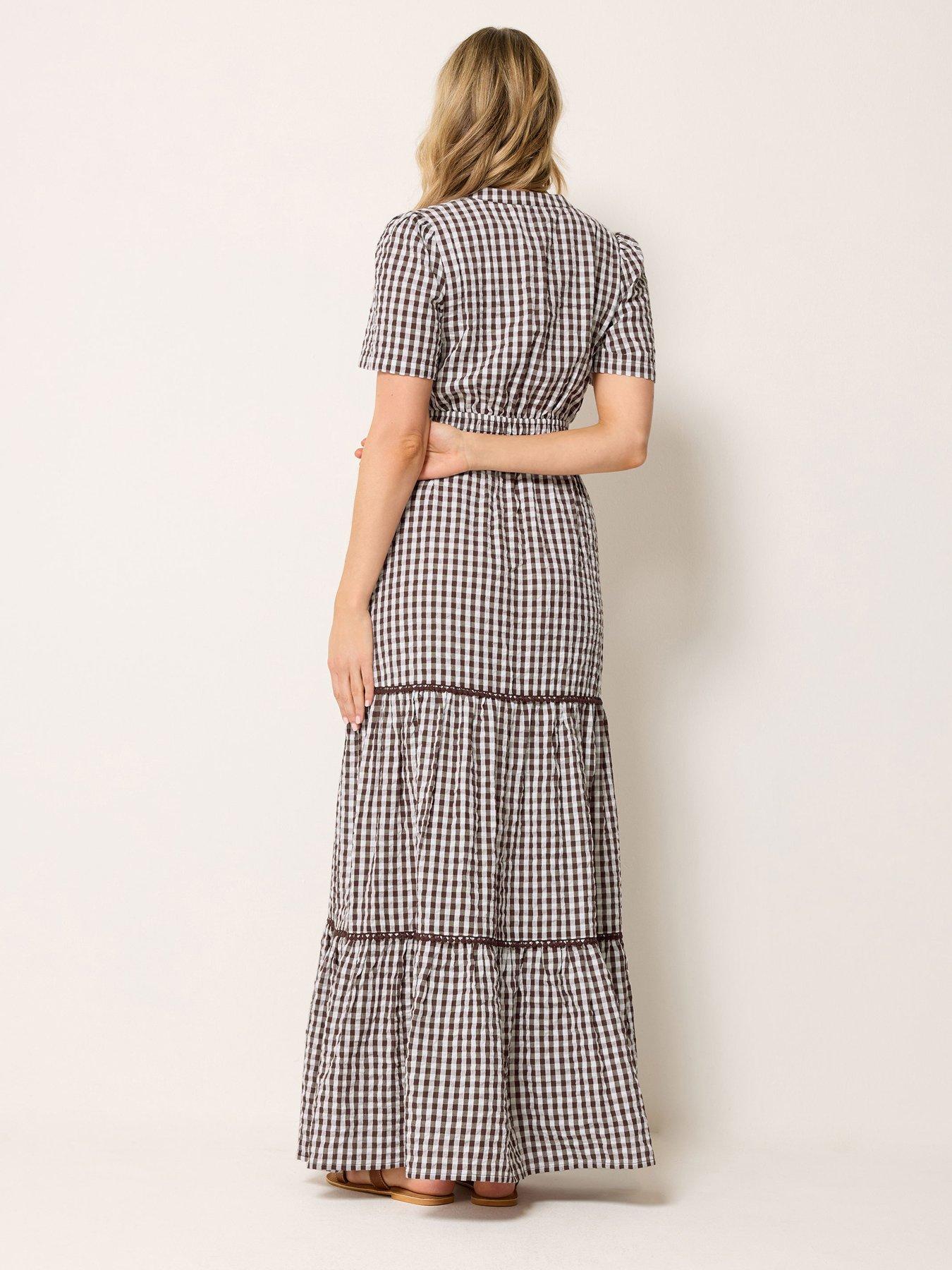 Image 2 of 4 of Long Tall Sally Gingham Button Tie Maxi Dress - Brown