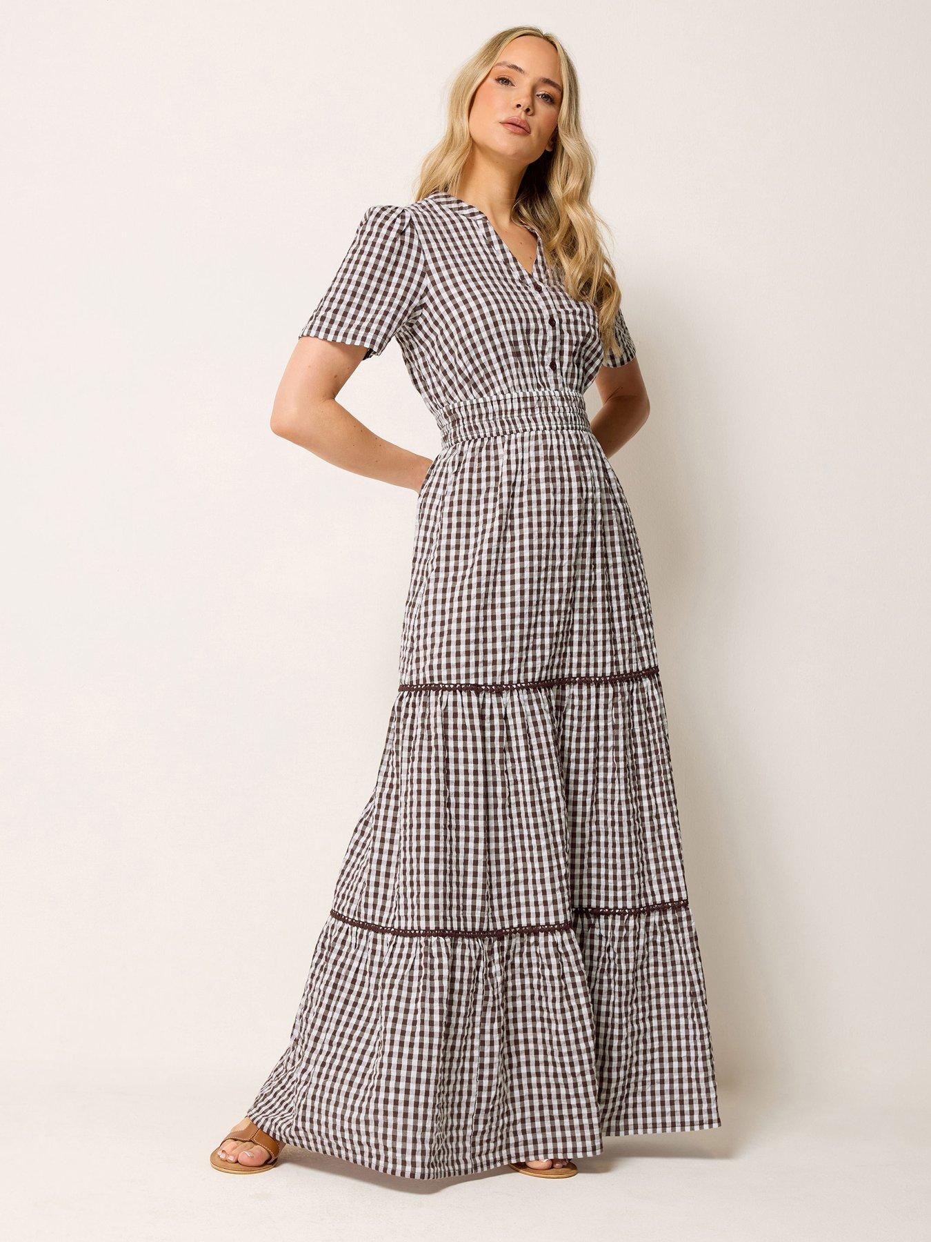 Image 3 of 4 of Long Tall Sally Gingham Button Tie Maxi Dress - Brown