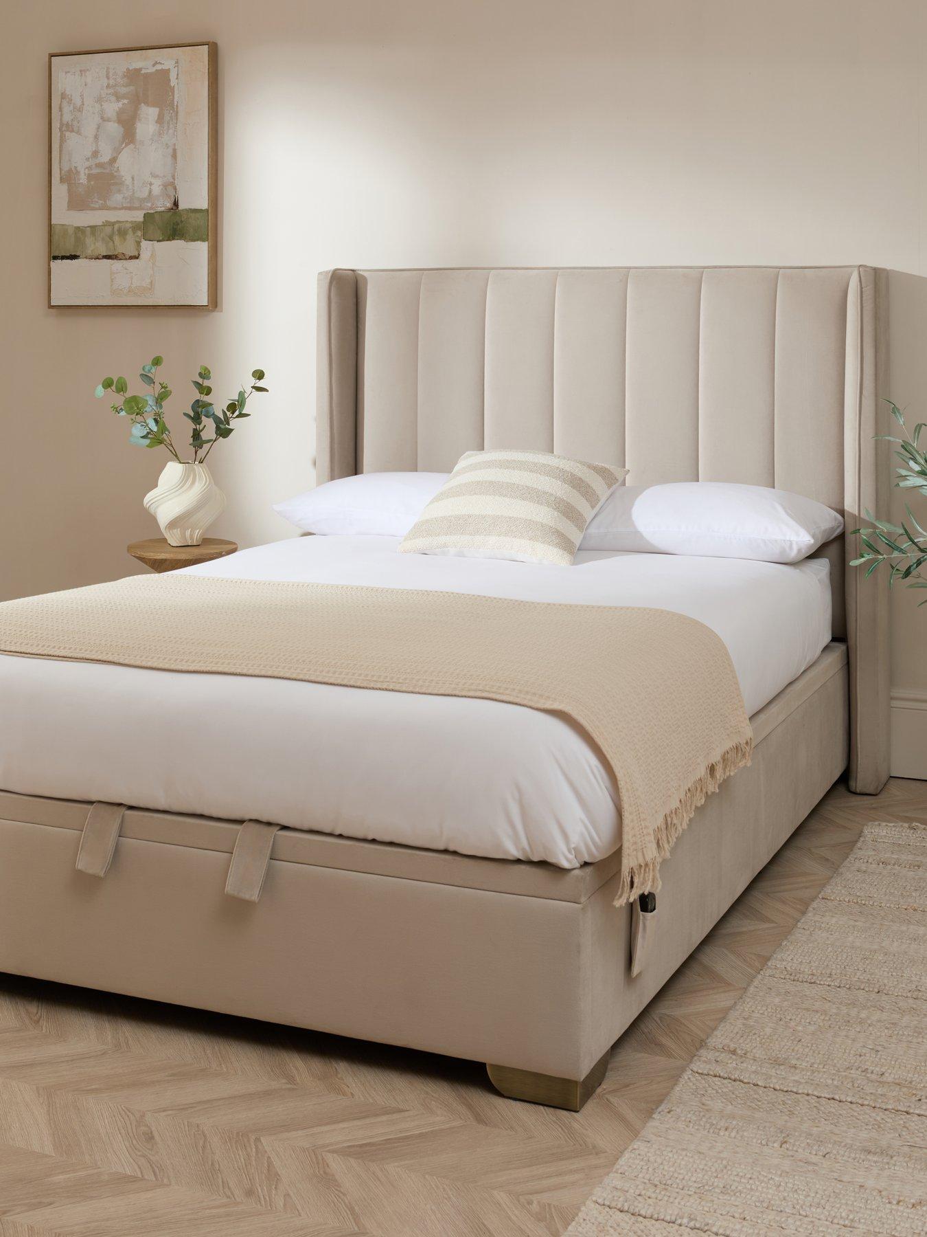 The Very Collection New Dakota Velvet Remote Control Auto lift up Storage Ottoman Bed with Mattress Options (Buy  &  SAVE!) – Natural