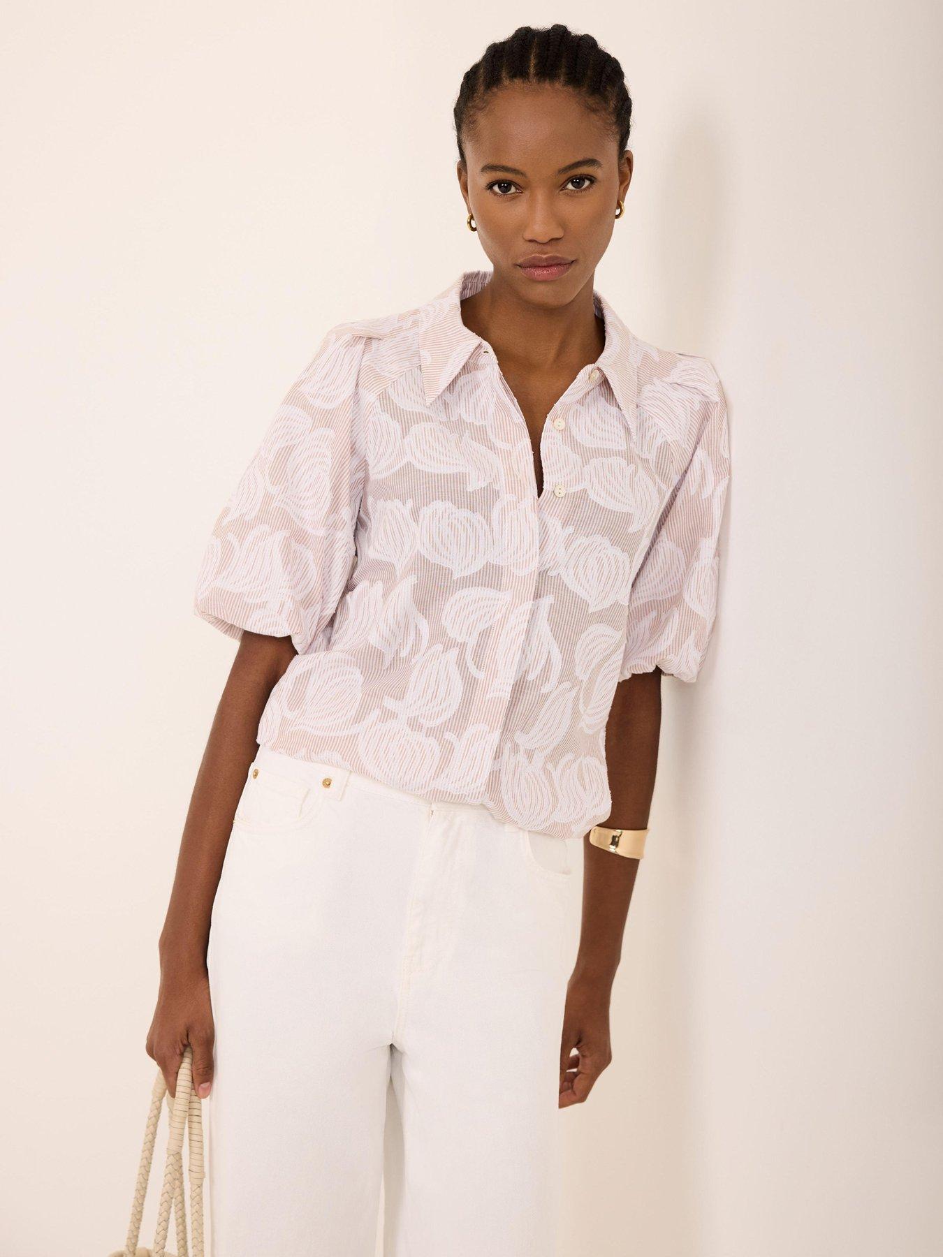 Mint Velvet Neutral Jacquard Puff Top - Cream