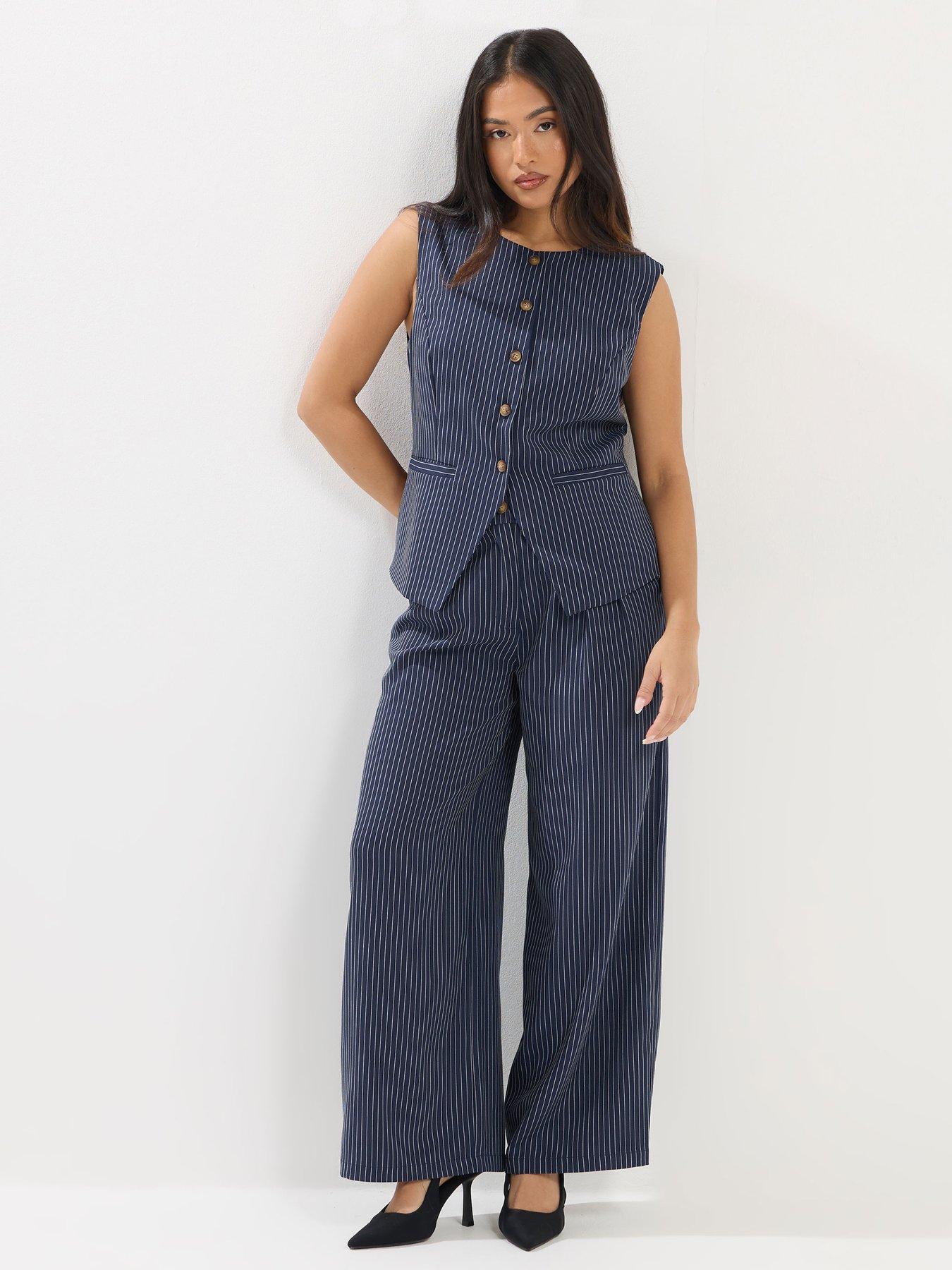 Image 3 of 4 of PixieGirl Womens Petite Pinstripe Wide Leg Trousers - Blue