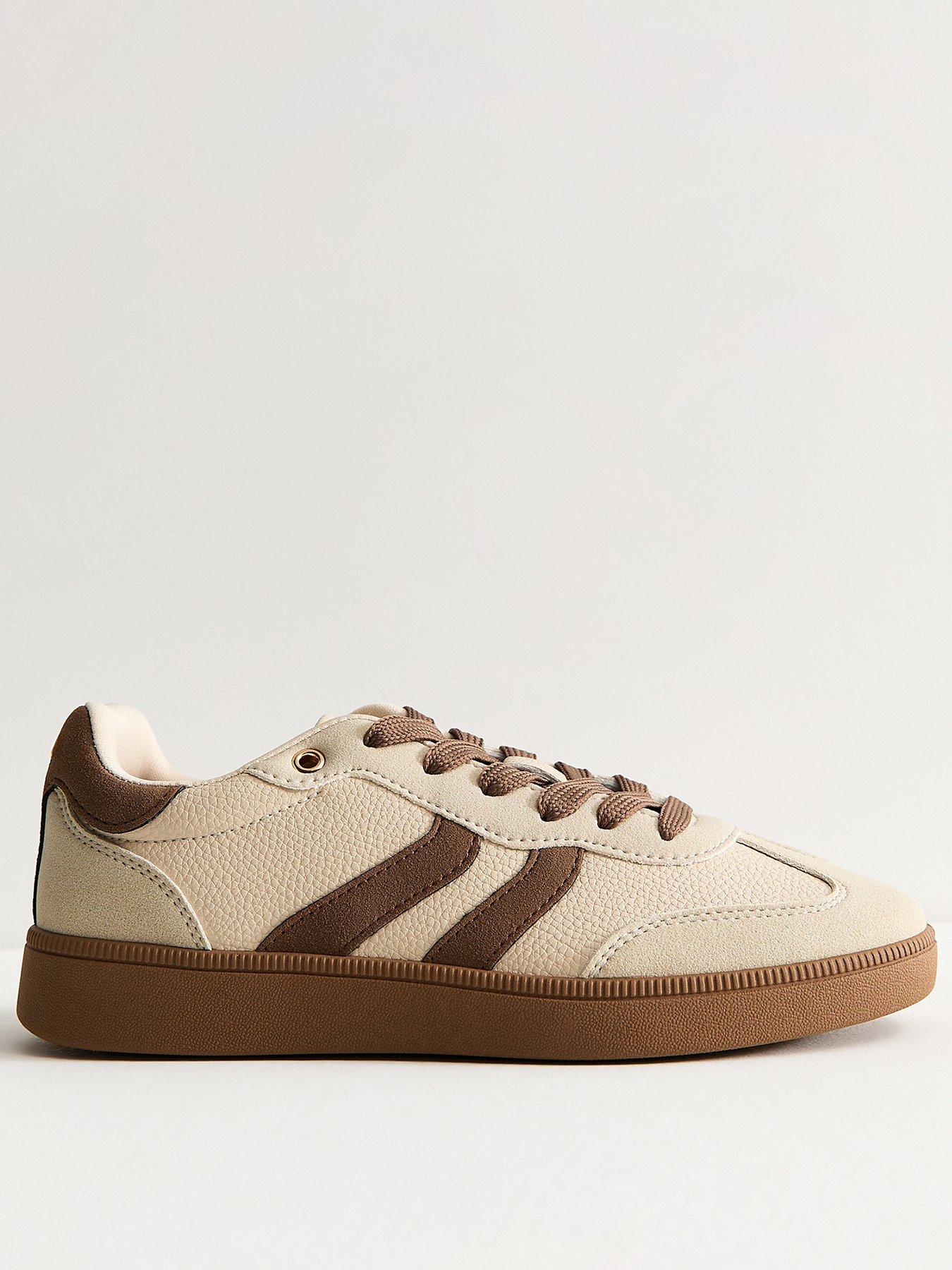 Image 1 of 3 of New Look Womens Pebbled Faux Leather Contrast Stripe Panelled Trainers - Light Brown