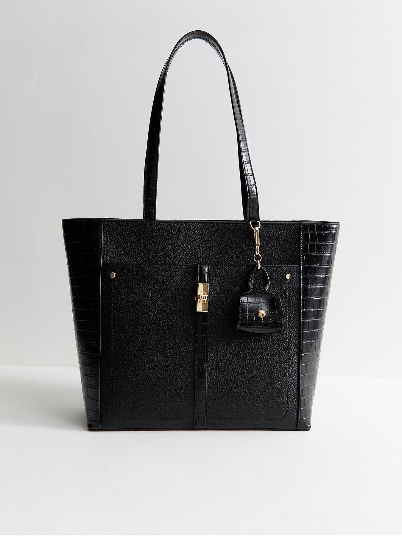 Image 1 of 4 of New Look Black Faux Leather Croc Embossed Tote Bag