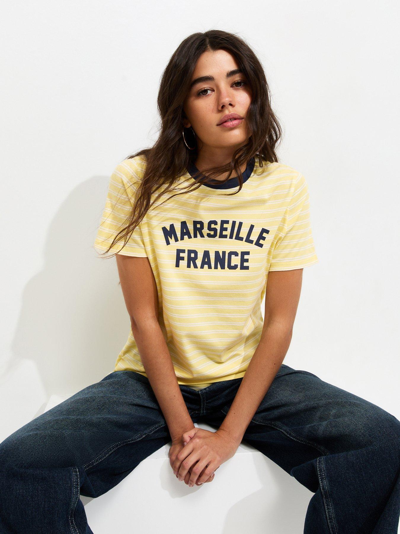 Image 1 of 3 of New Look Cotton Striped Marseille Print Relaxed T-Shirt - Yellow