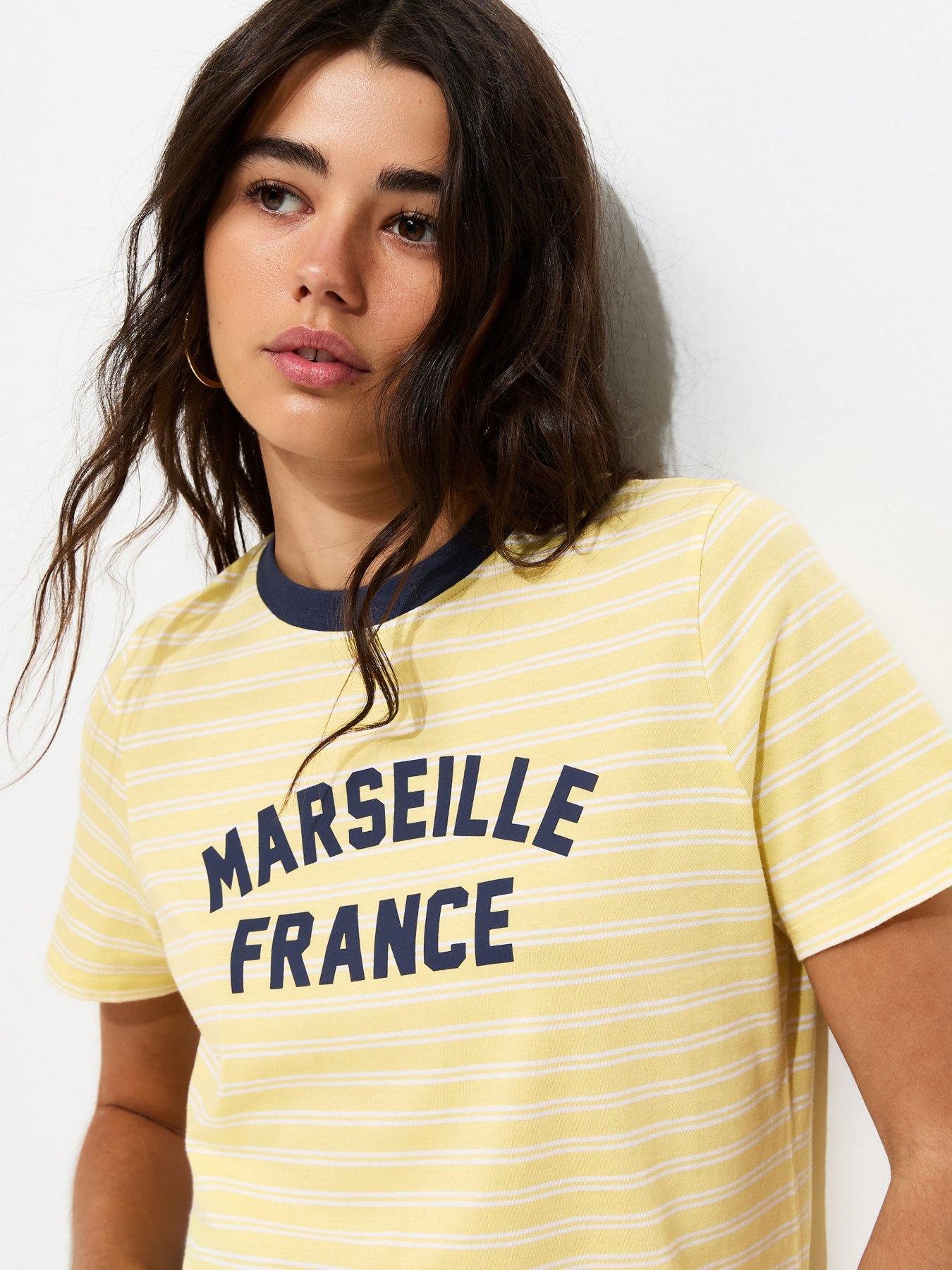 Image 2 of 3 of New Look Cotton Striped Marseille Print Relaxed T-Shirt - Yellow